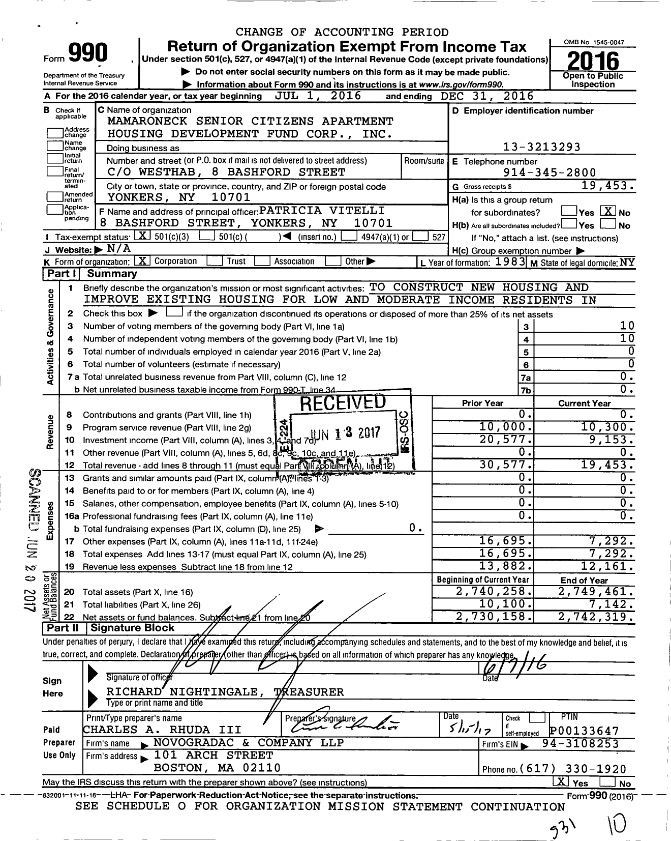 Image of first page of 2016 Form 990 for Mamaroneck Senior Citizens Apartmt Housing Development Fund Corporation