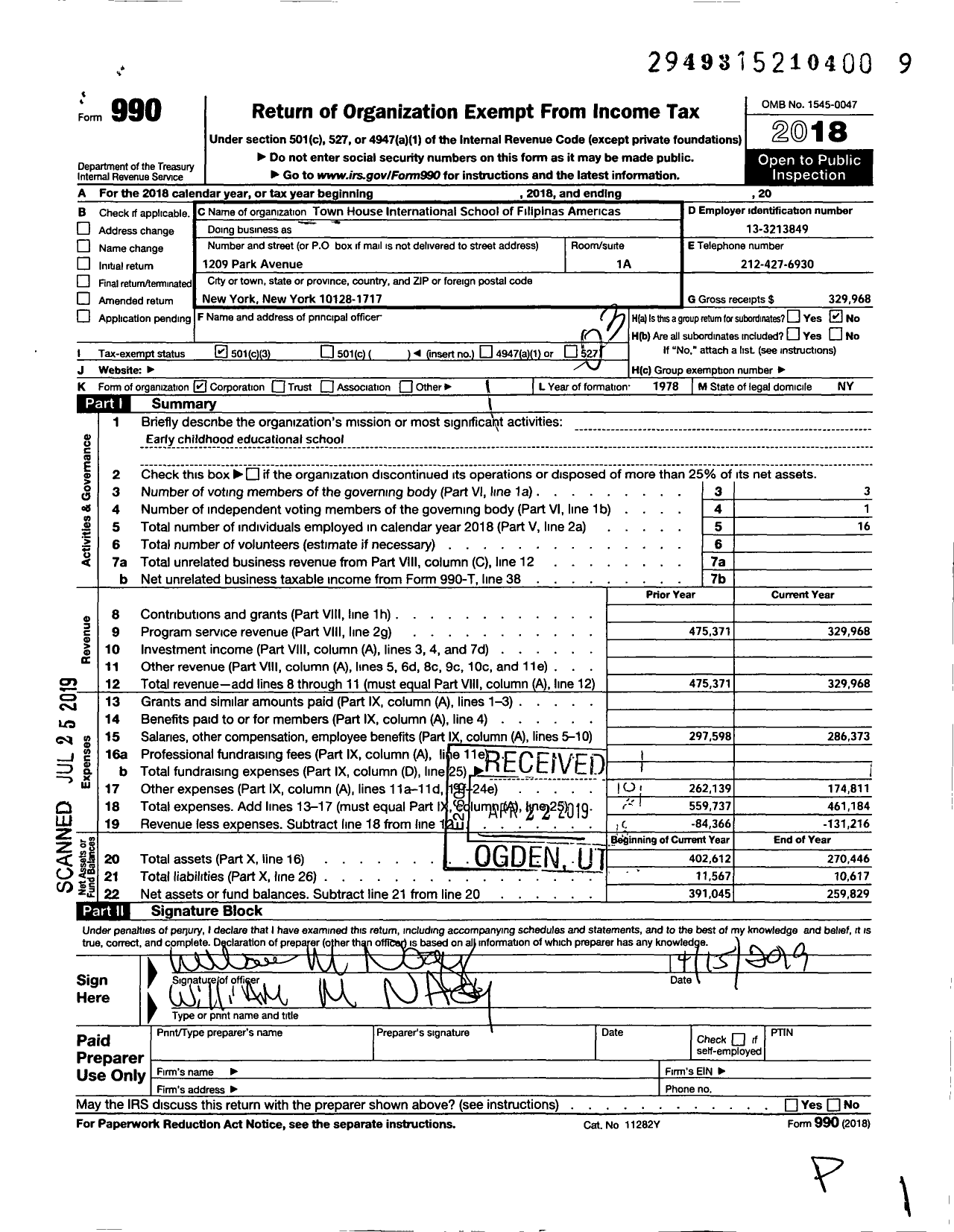 Image of first page of 2018 Form 990 for Town House International School of Filipinas Americas Science and Art Foundation