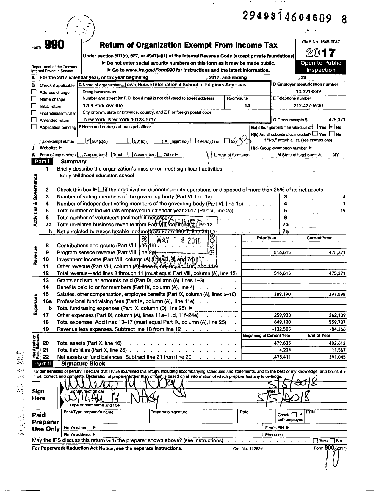 Image of first page of 2017 Form 990 for Town House International School of Filipinas Americas Science and Art Foundation