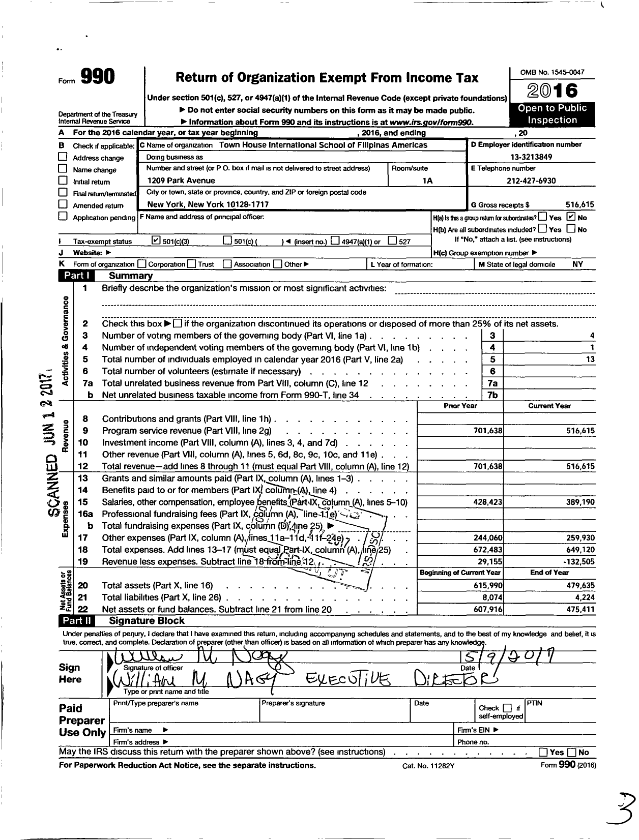 Image of first page of 2016 Form 990 for Town House International School of Filipinas Americas Science and Art Foundation