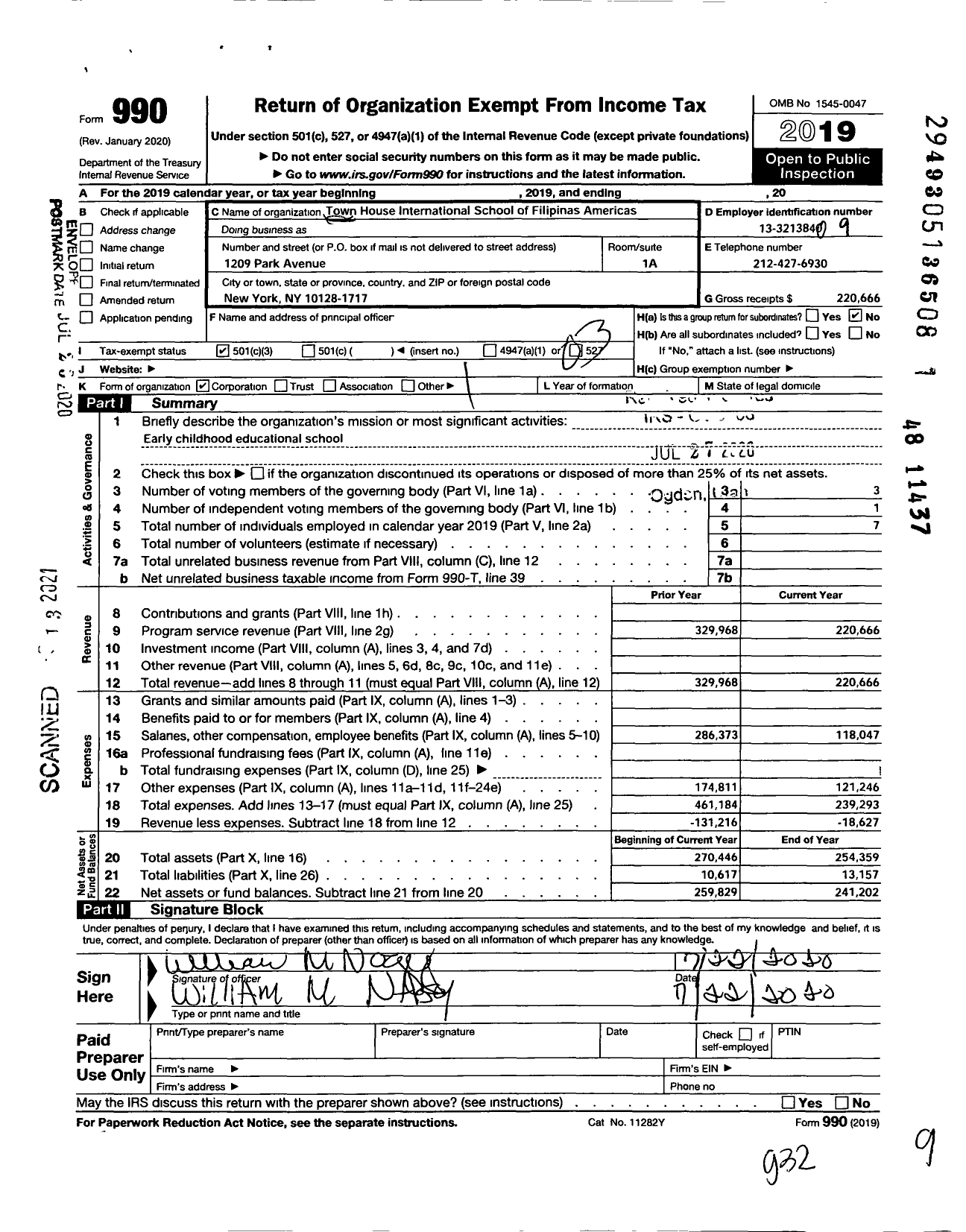 Image of first page of 2019 Form 990 for Town House International School of Filipinas Americas Science and Art Foundation