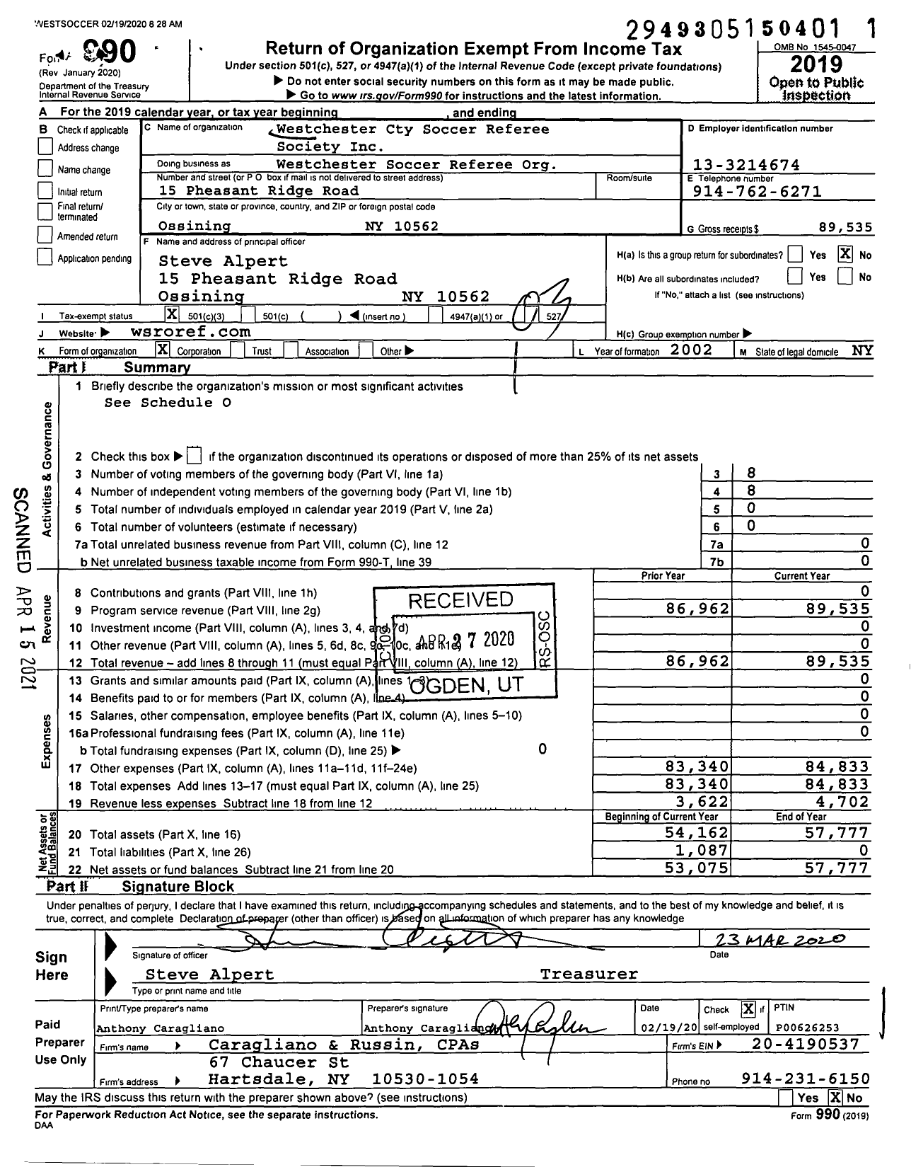 Image of first page of 2019 Form 990 for Westchester Cty Soccer Referee Society