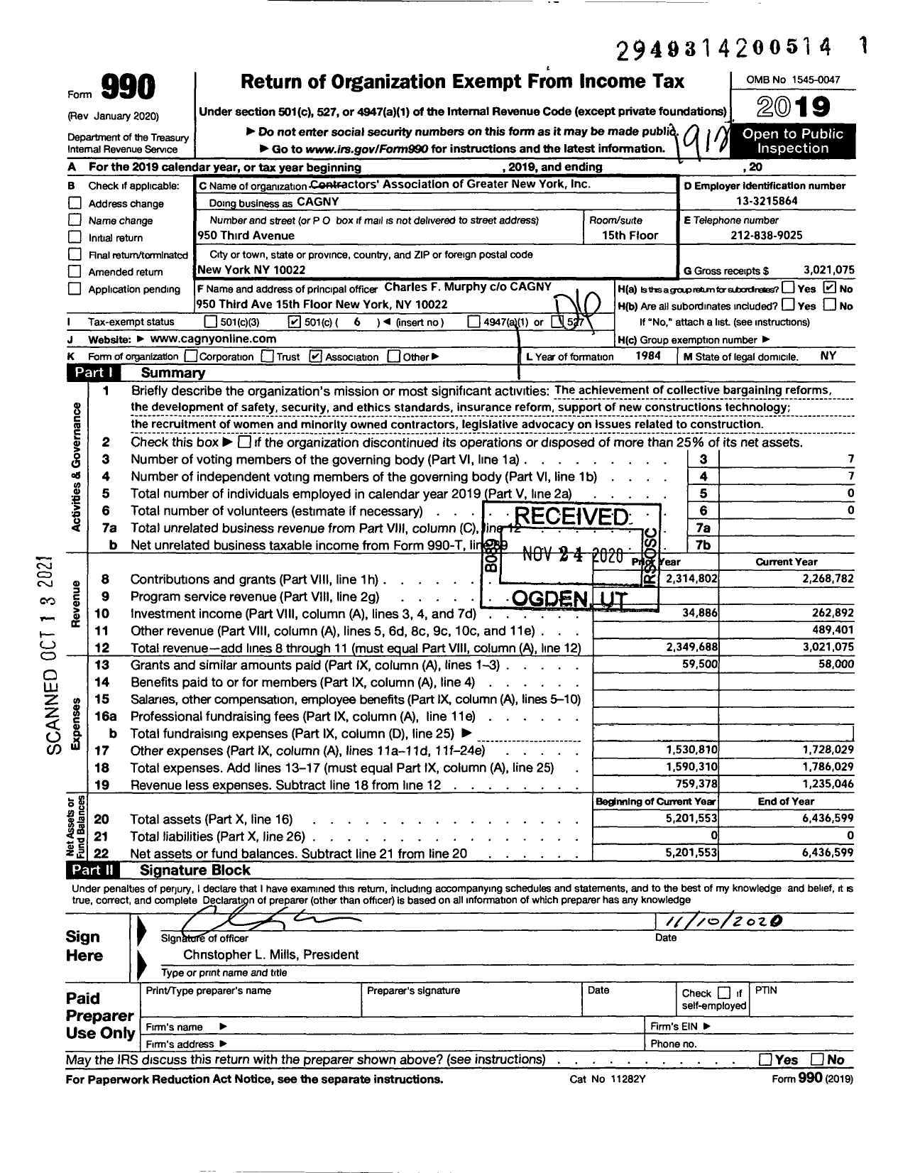 Image of first page of 2019 Form 990O for Contractors Association of Greater New York (CAGNY)