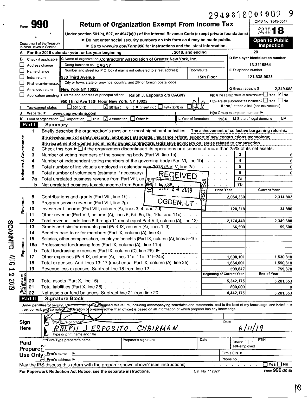 Image of first page of 2018 Form 990O for Contractors Association of Greater New York (CAGNY)