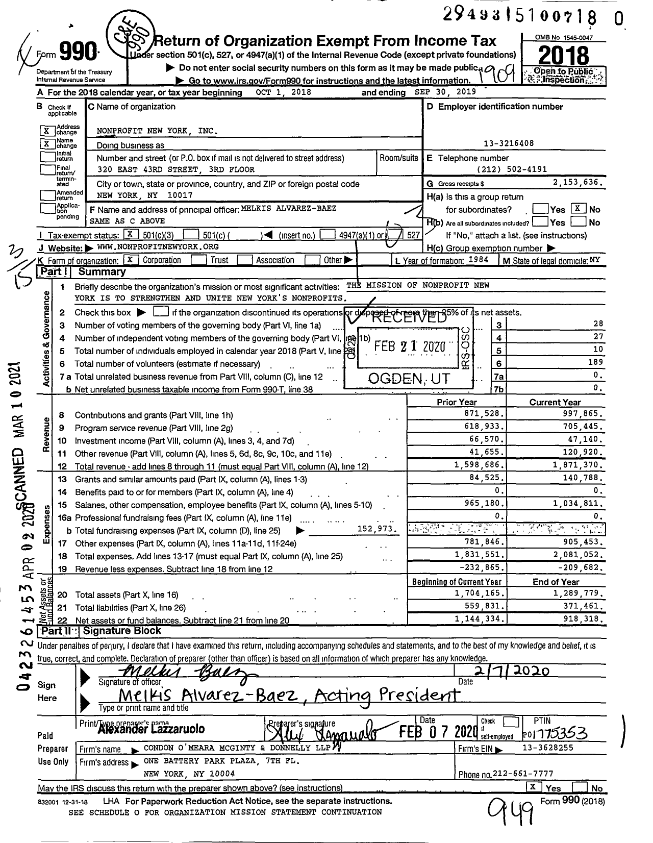 Image of first page of 2018 Form 990 for Nonprofit New York