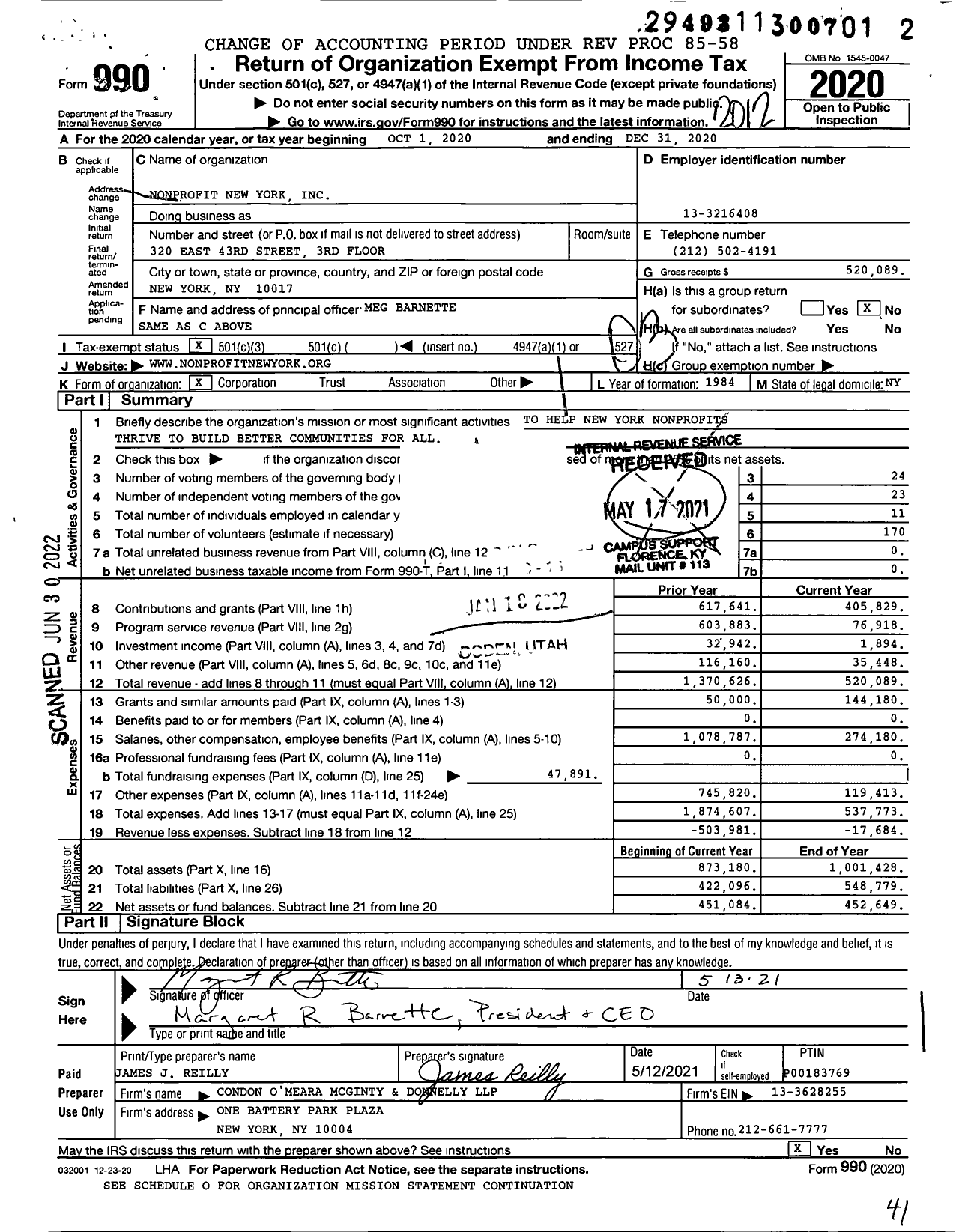 Image of first page of 2020 Form 990 for Nonprofit New York