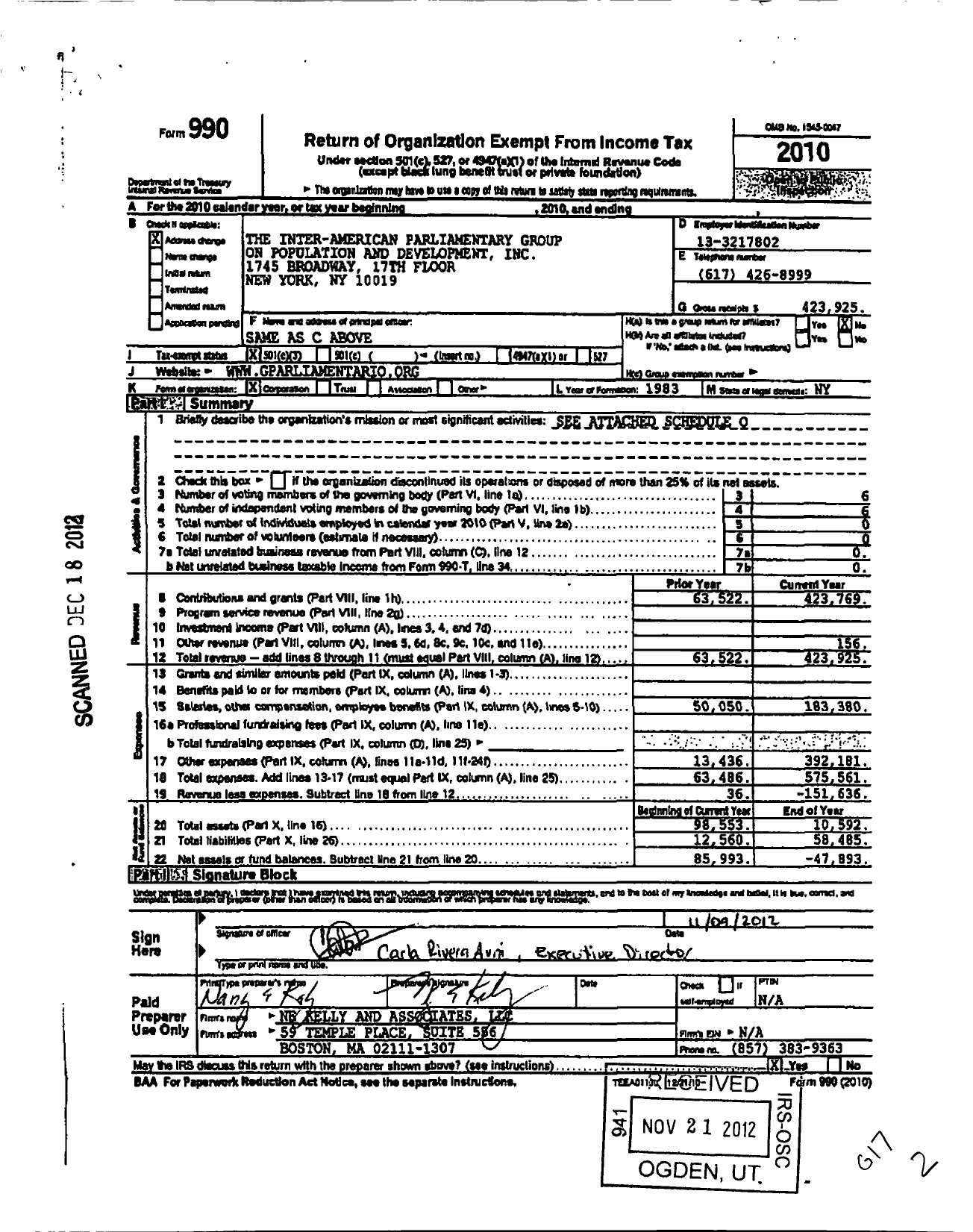 Image of first page of 2010 Form 990 for Inter-American Parliamentary Group on Population and Development
