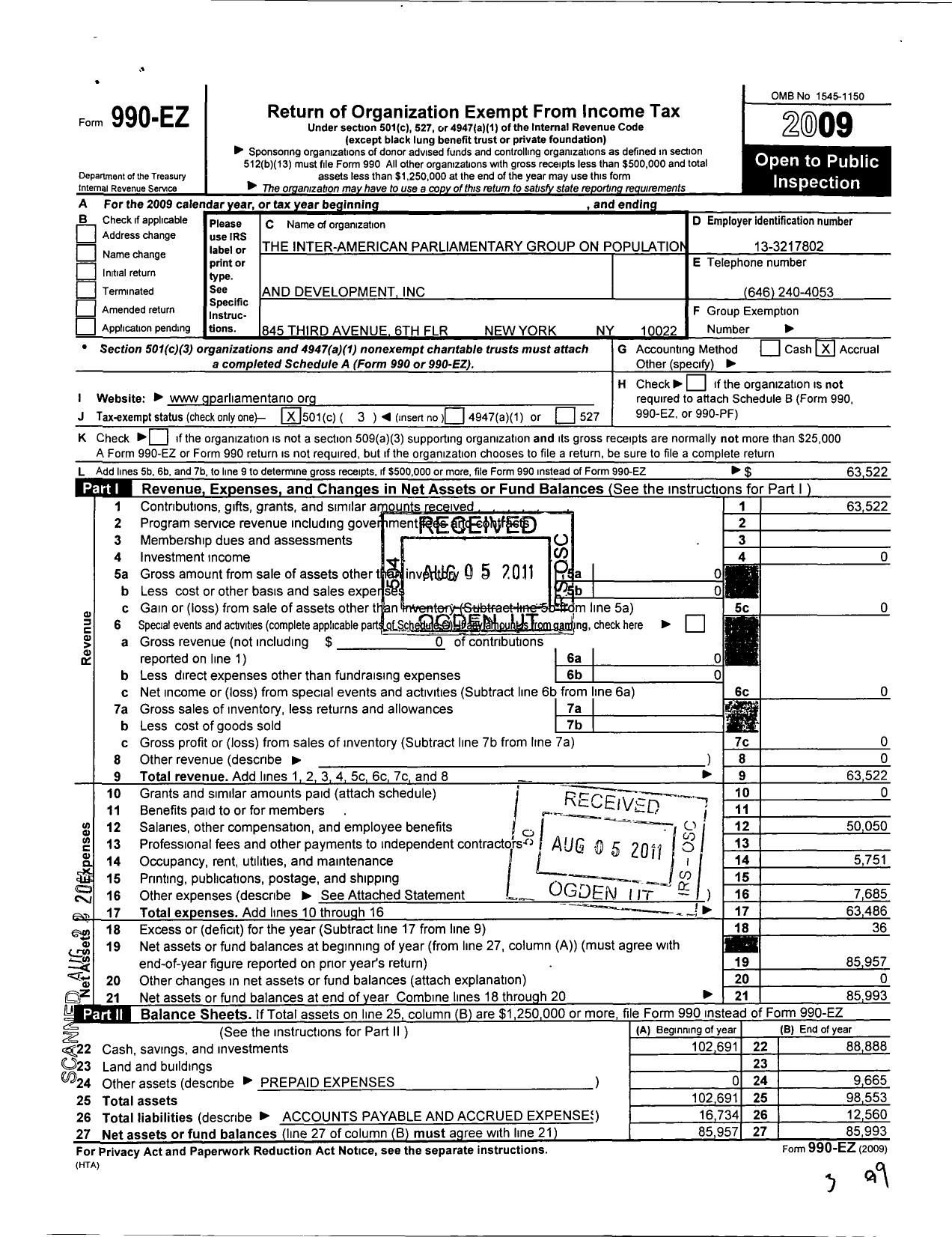 Image of first page of 2009 Form 990EZ for Inter-American Parliamentary Group on Population and Development