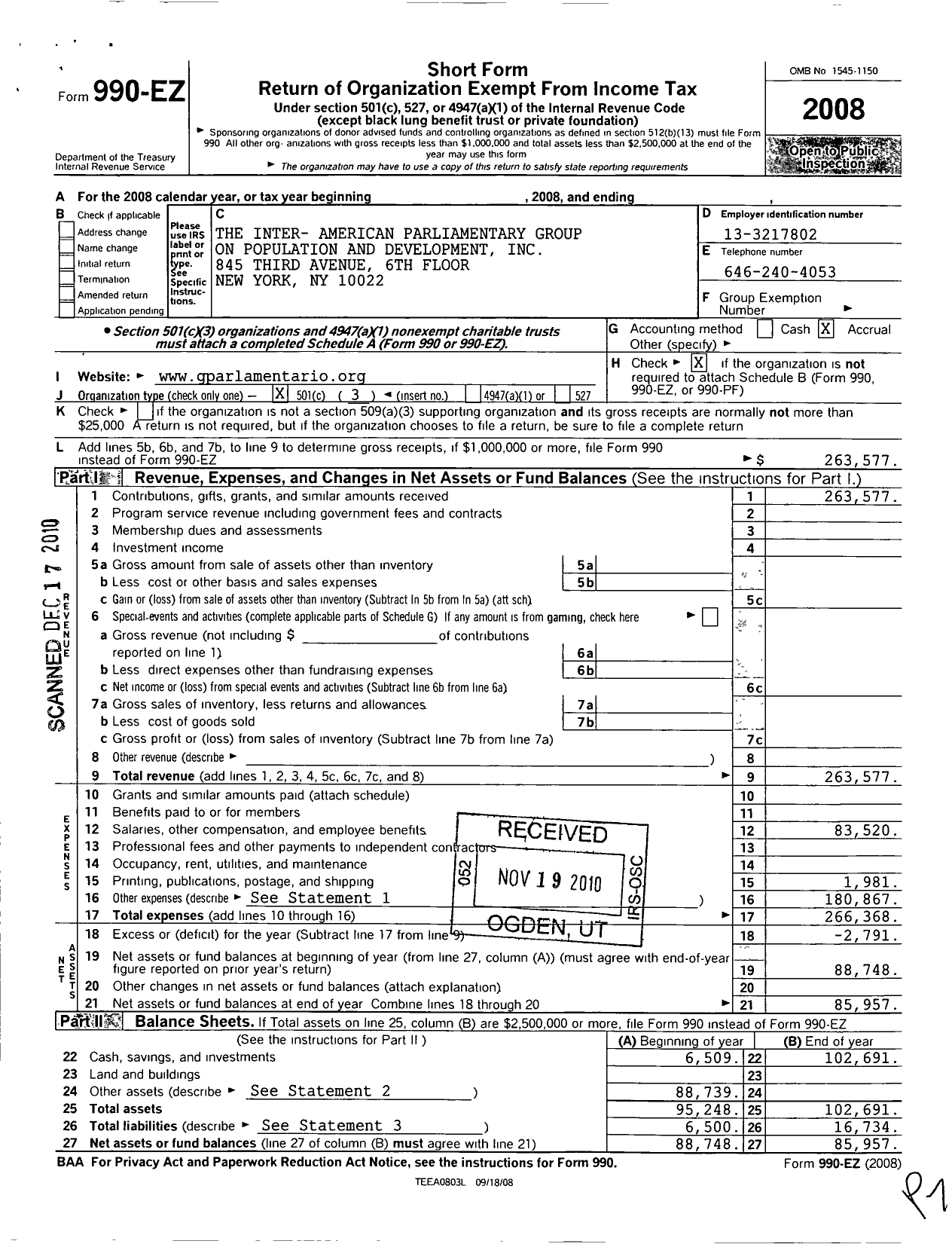 Image of first page of 2008 Form 990EZ for Inter-American Parliamentary Group on Population and Development