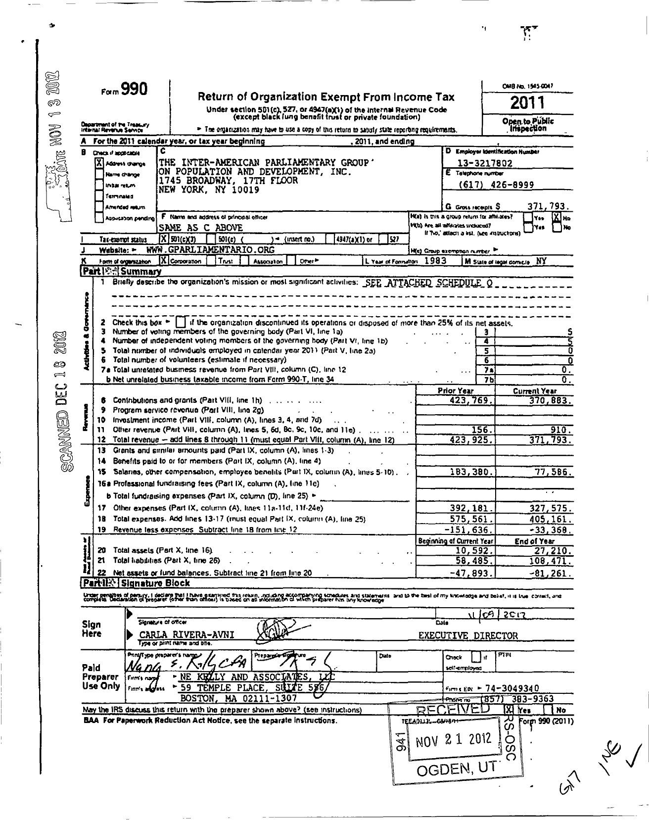 Image of first page of 2011 Form 990 for Inter-American Parliamentary Group on Population and Development