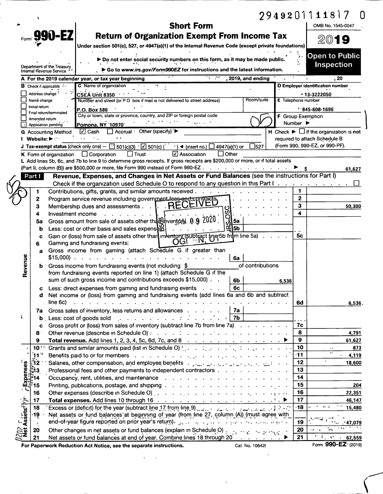 Image of first page of 2019 Form 990EO for Civil Service Employees Association - 0844-835000 Rockland County Unit