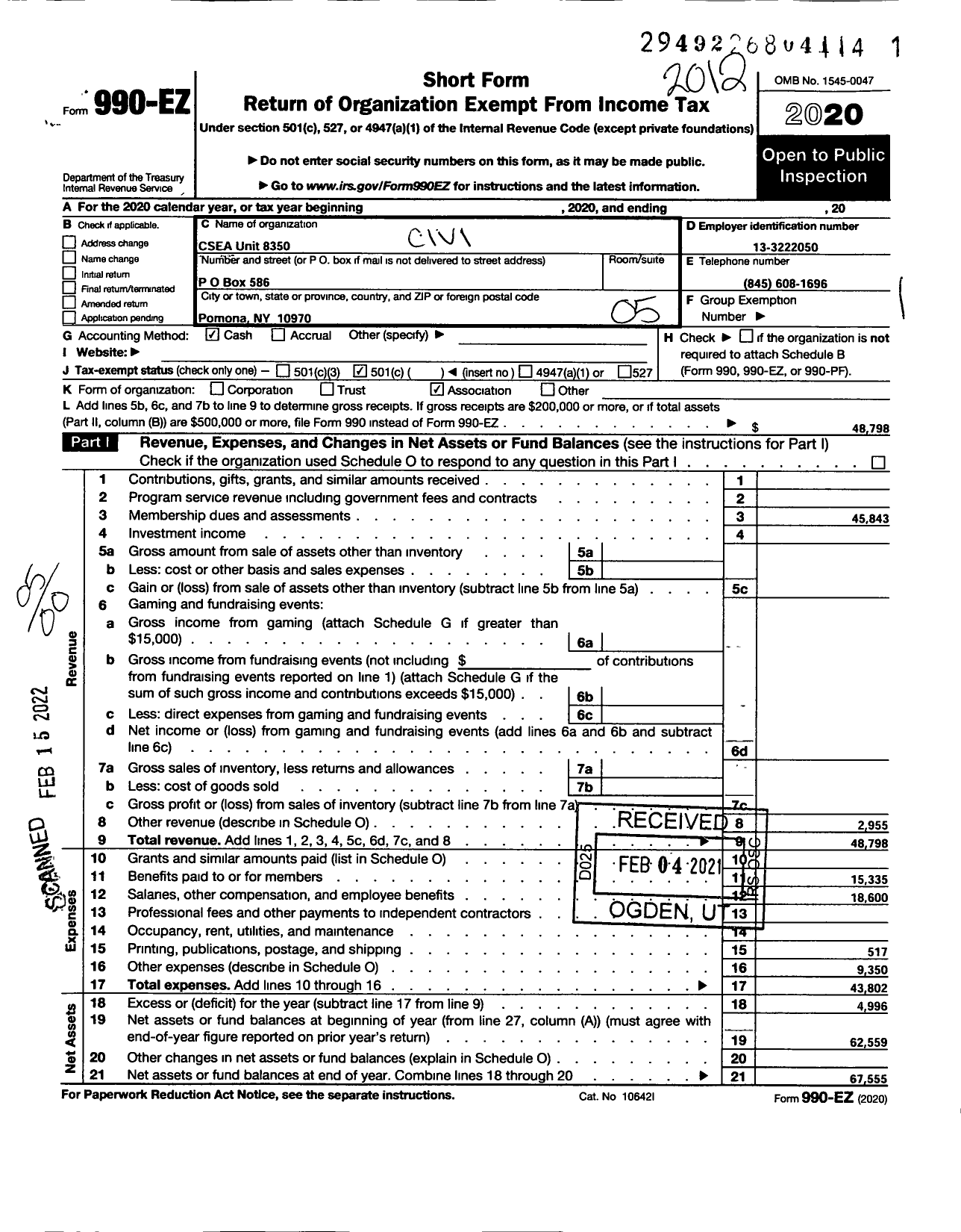 Image of first page of 2020 Form 990EO for Civil Service Employees Association - 0844-835000 Rockland County Unit