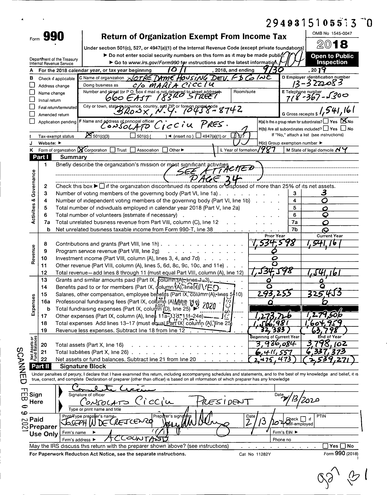 Image of first page of 2018 Form 990 for Notre Dame Housing Development Fund