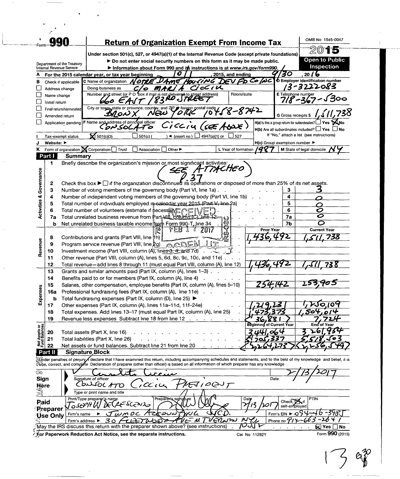 Image of first page of 2015 Form 990 for Notre Dame Housing Development Fund