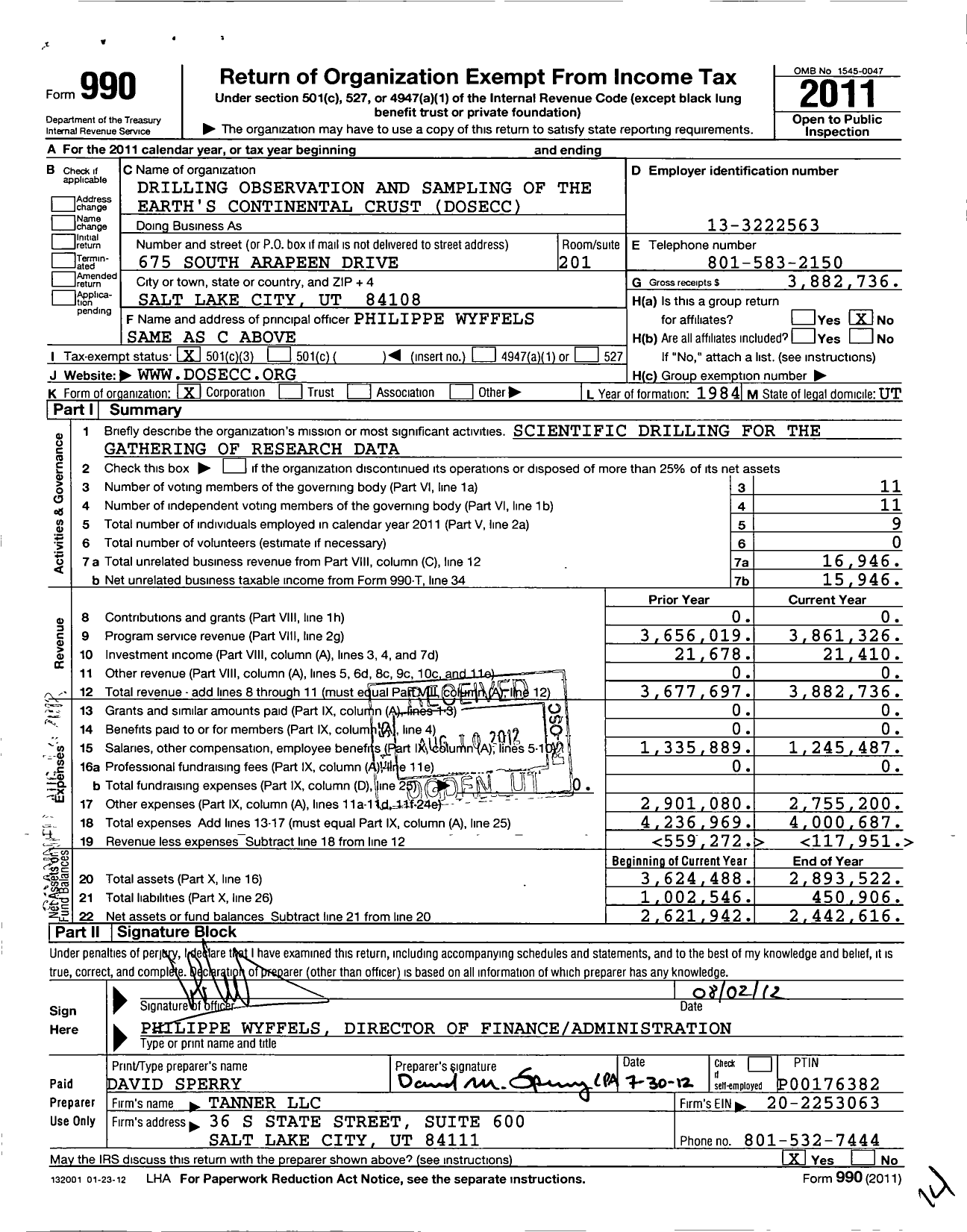 Image of first page of 2011 Form 990 for Drilling Observation and Sampling of the Earth's Continental Crust