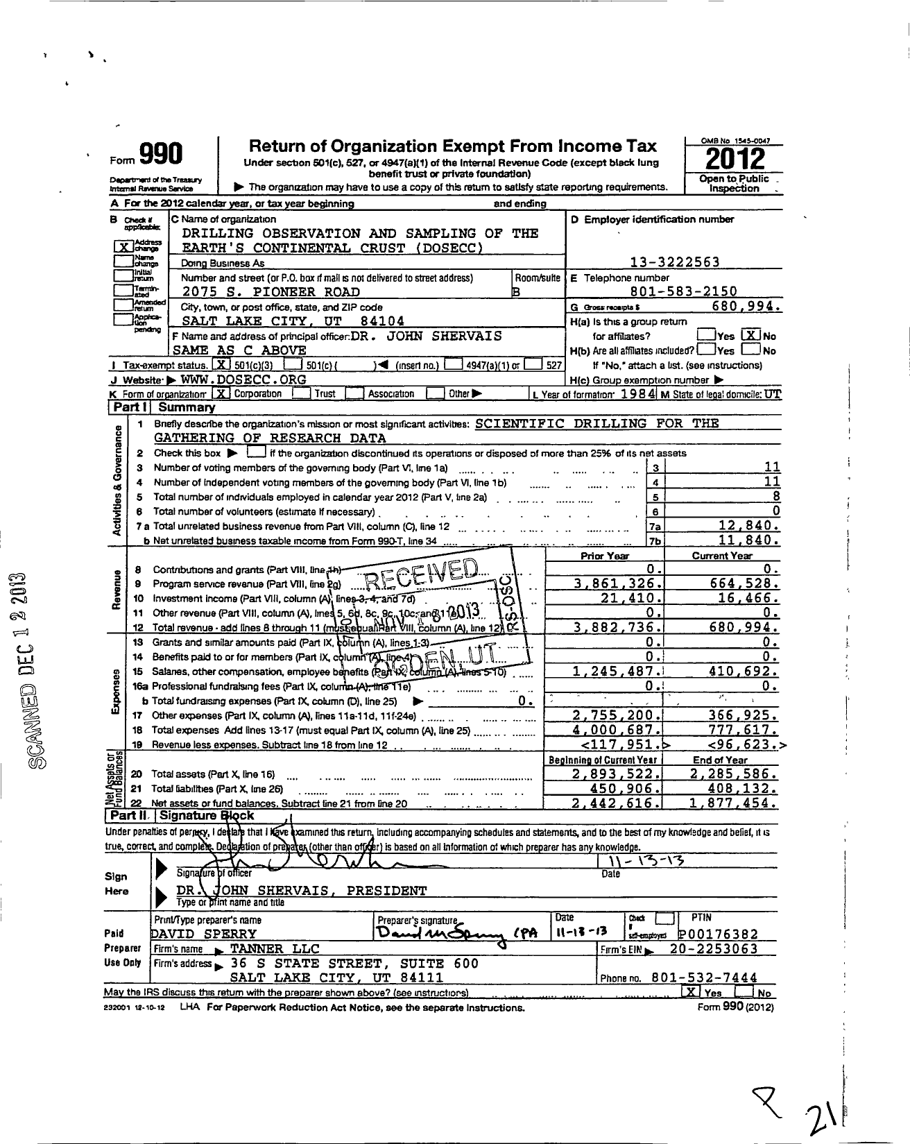 Image of first page of 2012 Form 990 for Drilling Observation and Sampling of the Earth's Continental Crust