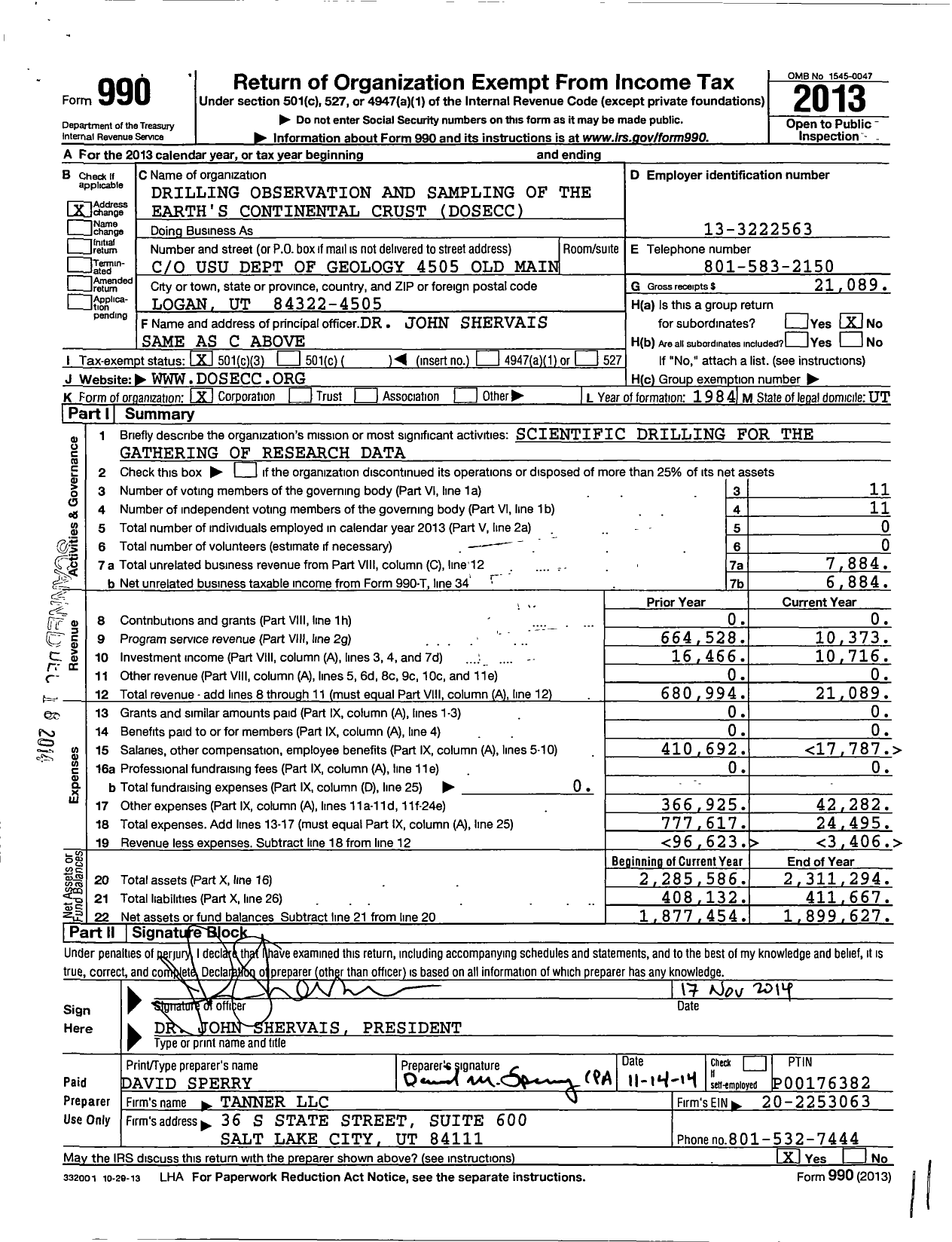 Image of first page of 2013 Form 990 for Drilling Observation and Sampling of the Earth's Continental Crust