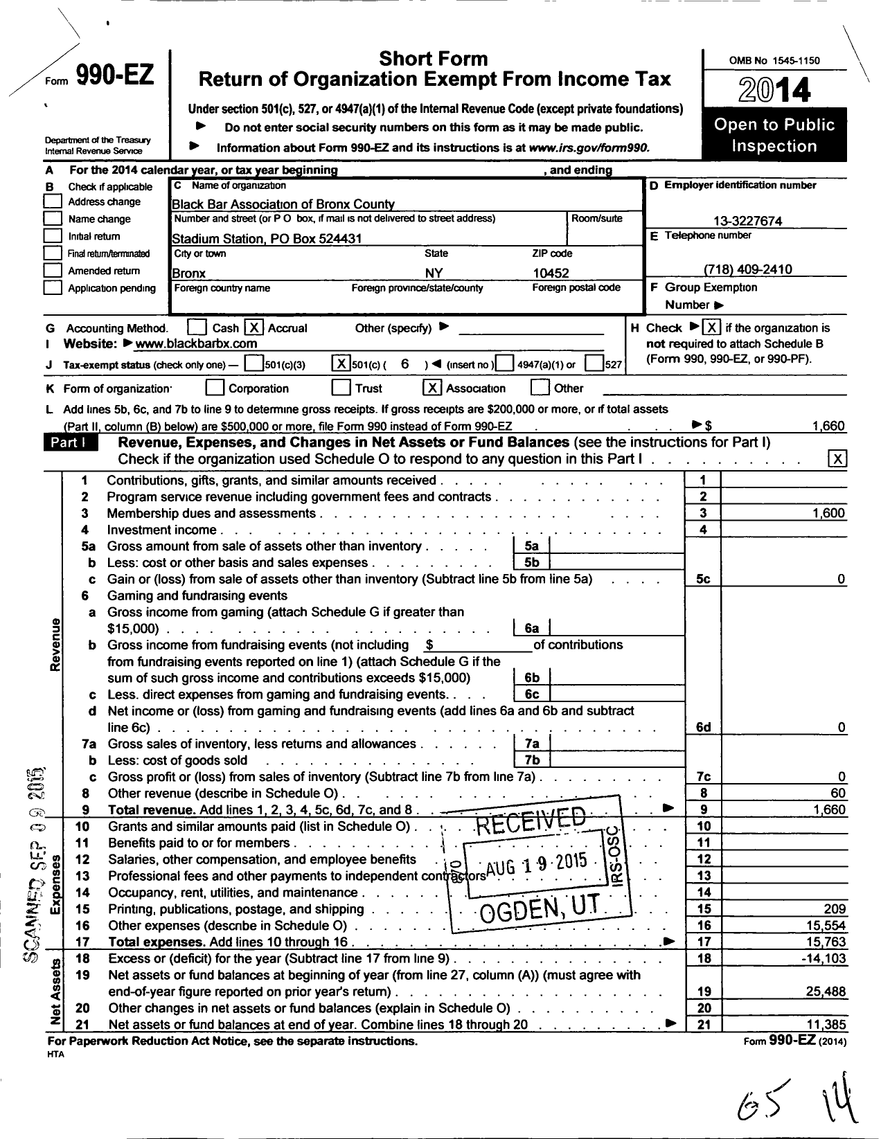 Image of first page of 2014 Form 990EO for Black Bar Association of Bronx County