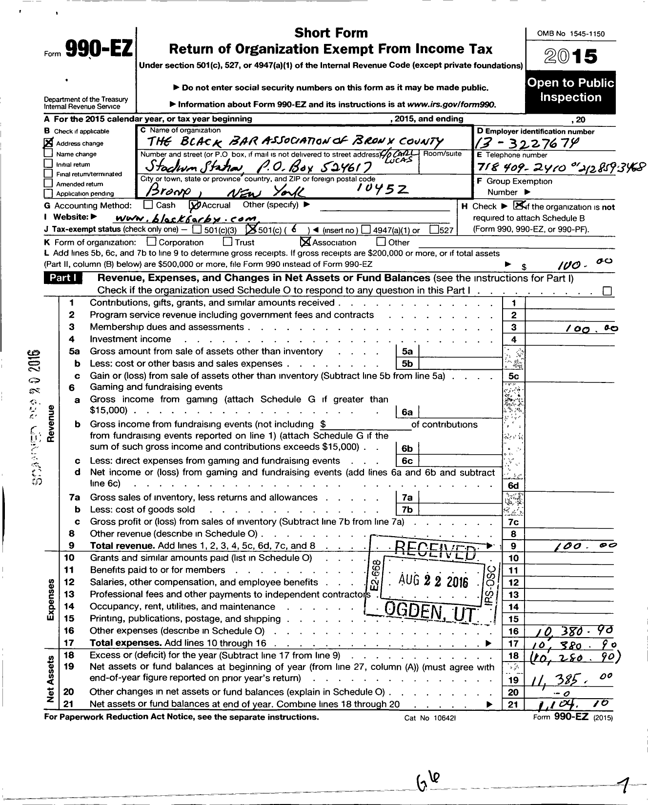 Image of first page of 2015 Form 990EO for Black Bar Association of Bronx County