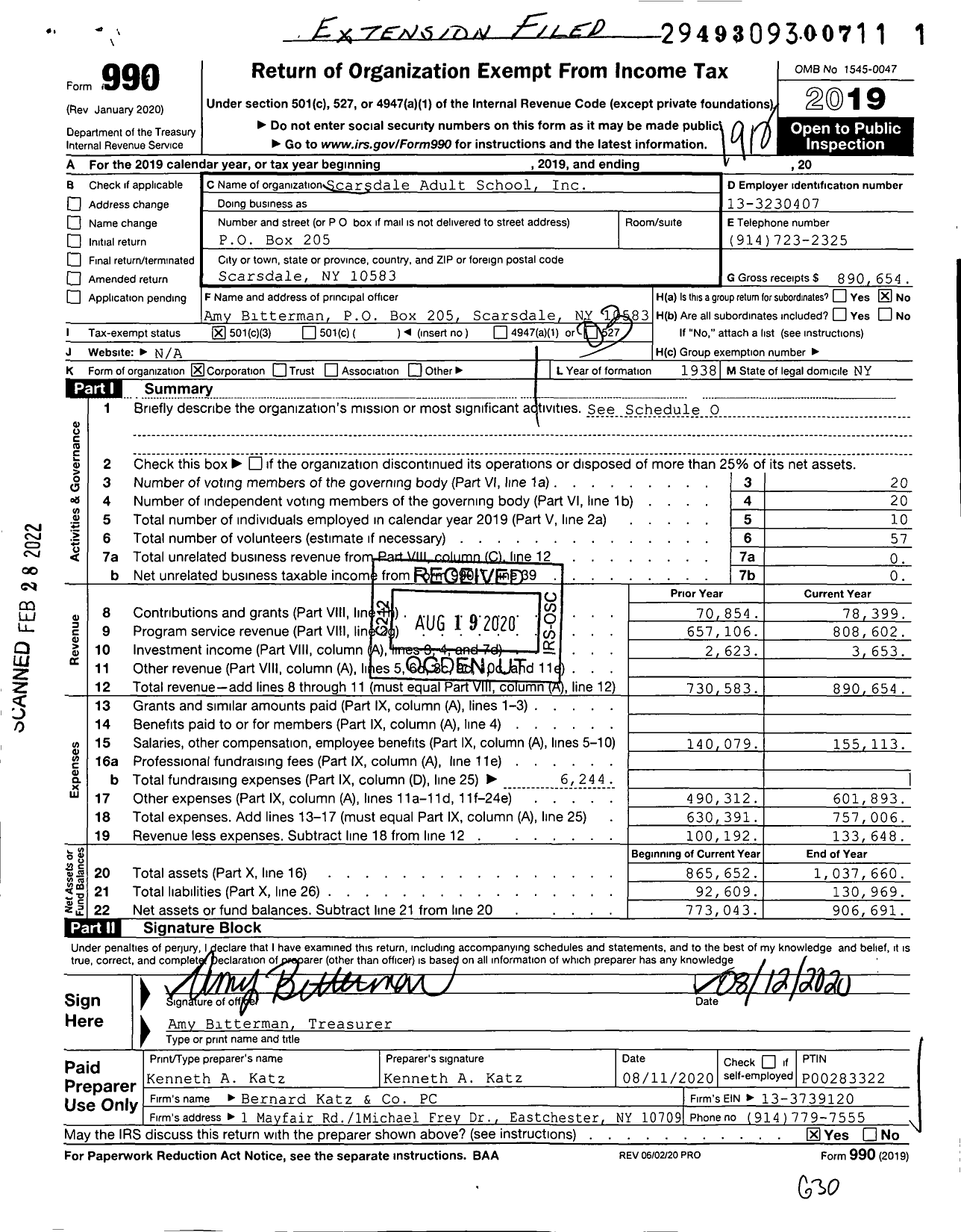 Image of first page of 2019 Form 990 for Scarsdale Adult School