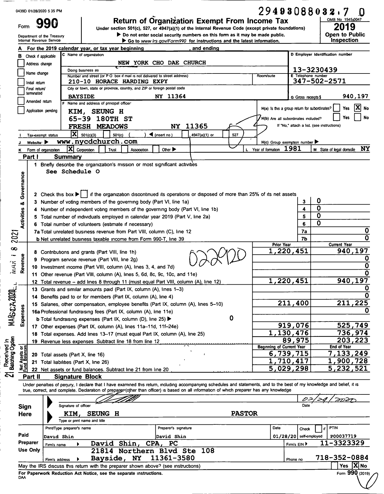 Image of first page of 2019 Form 990 for New York Cho Dae Church
