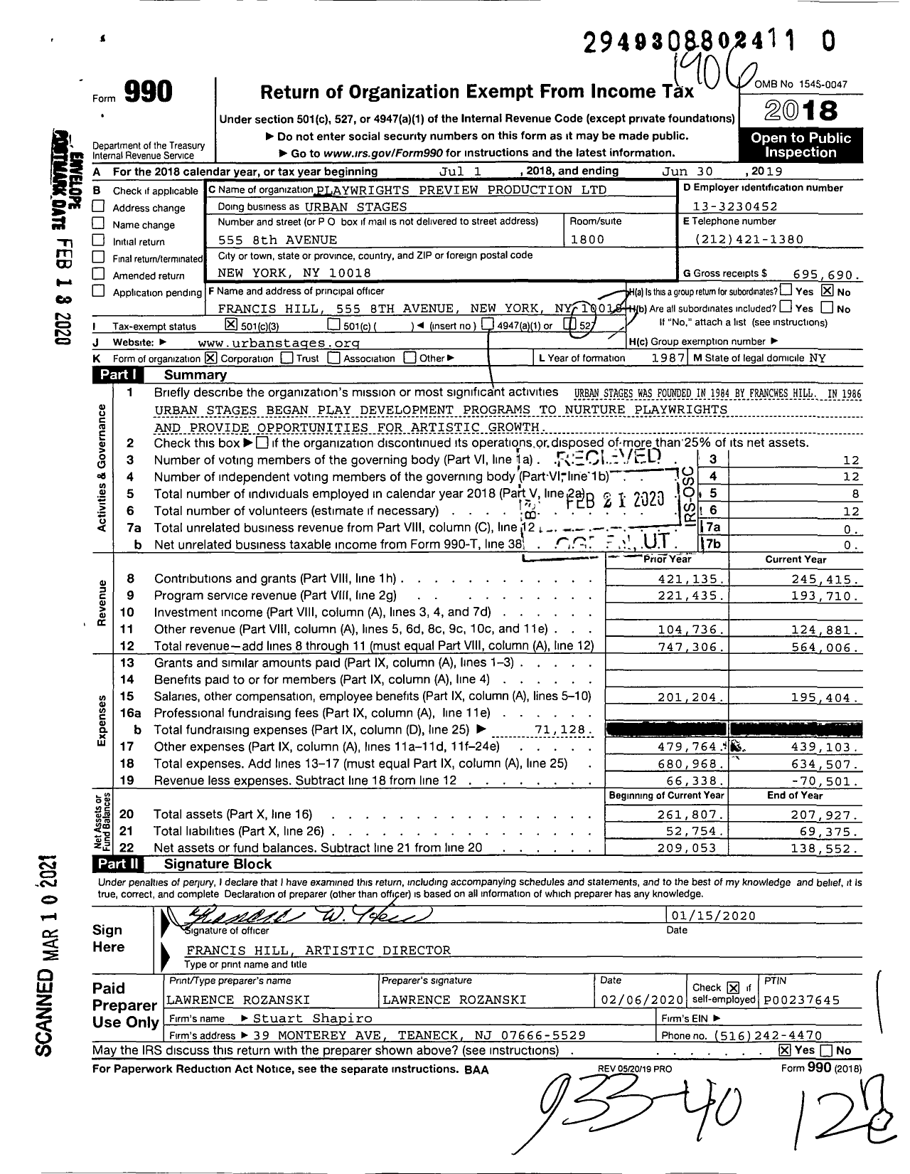 Image of first page of 2018 Form 990 for Urban Stages