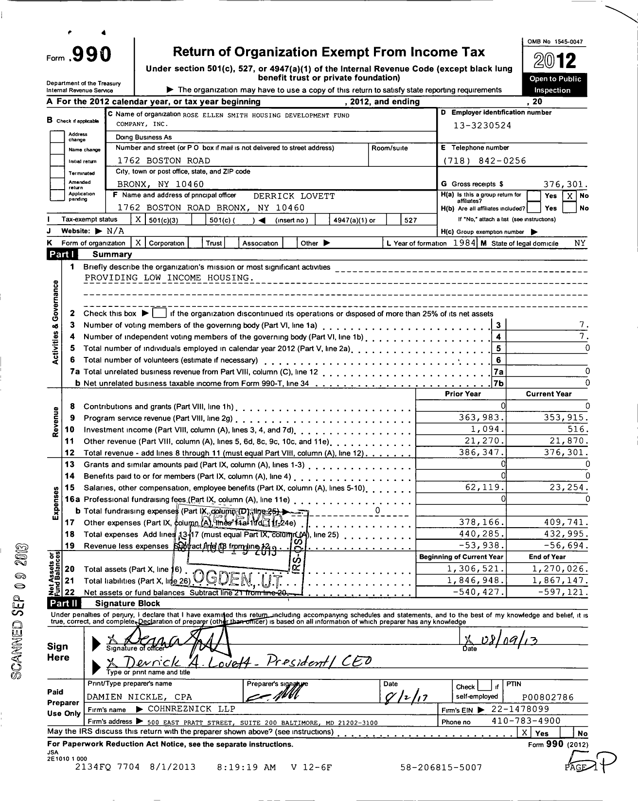 Image of first page of 2012 Form 990 for Rose Ellen Smith Housing Development Fund Company