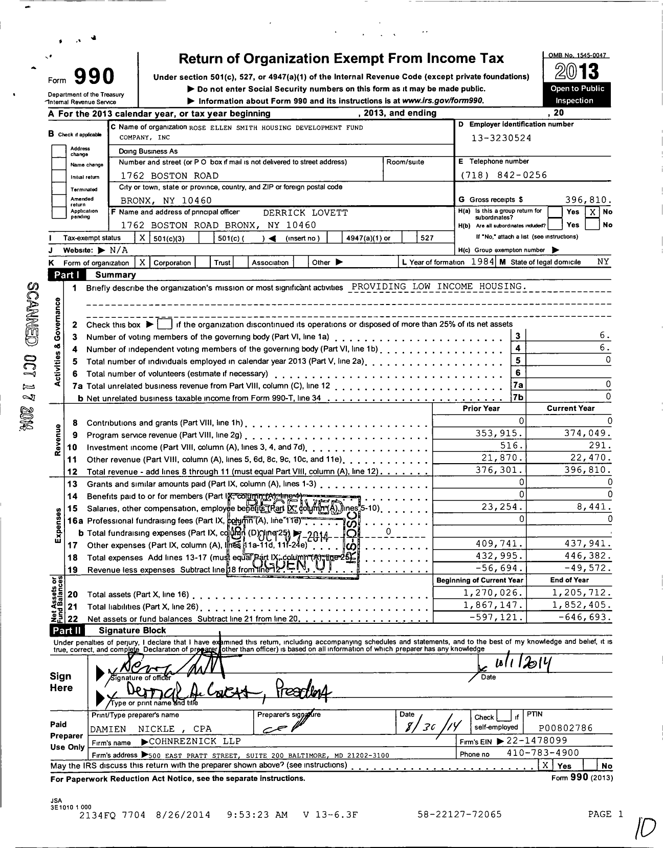 Image of first page of 2013 Form 990 for Rose Ellen Smith Housing Development Fund Company