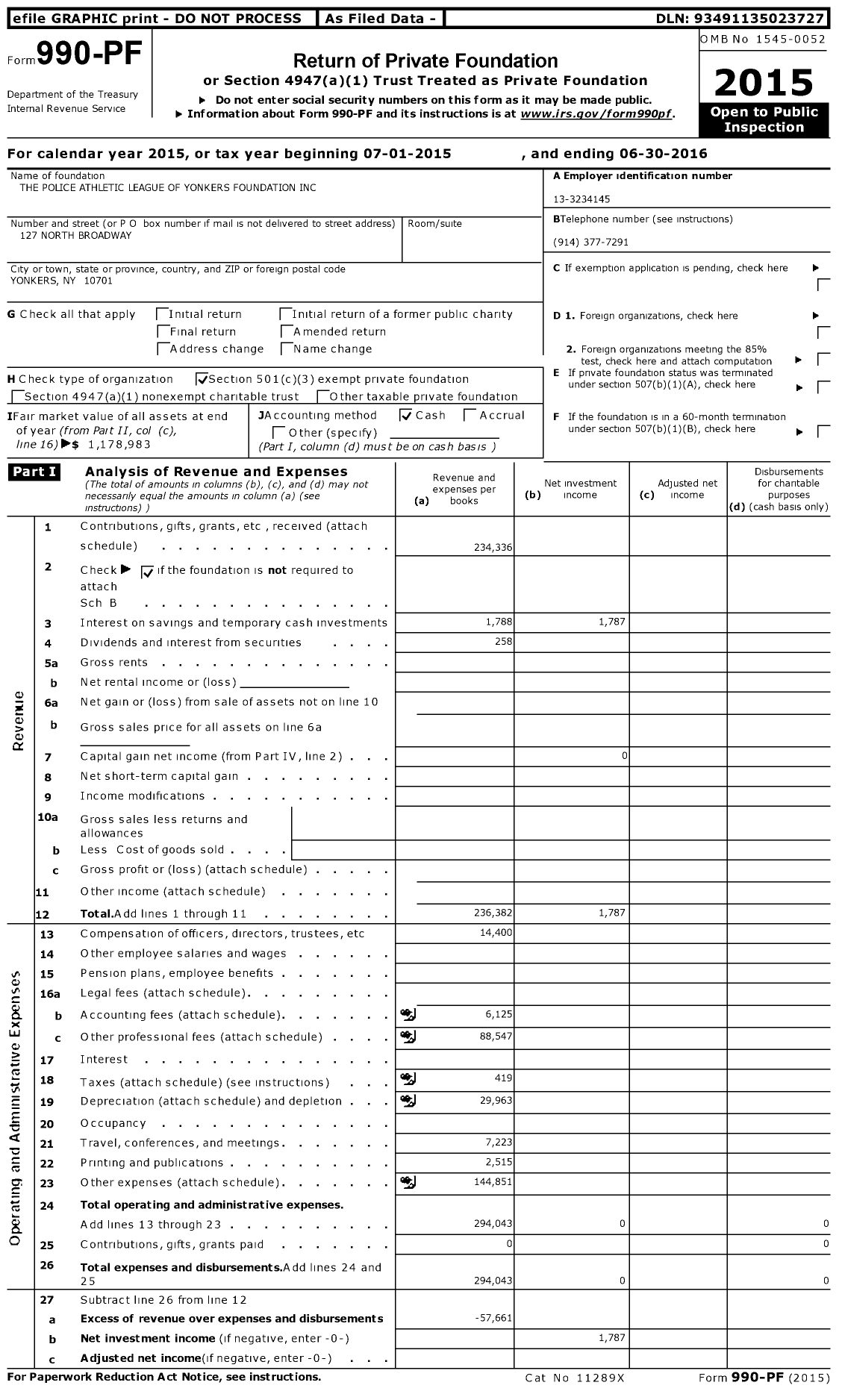 Image of first page of 2015 Form 990PF for The Police Athletic League of Yonkers Foundation