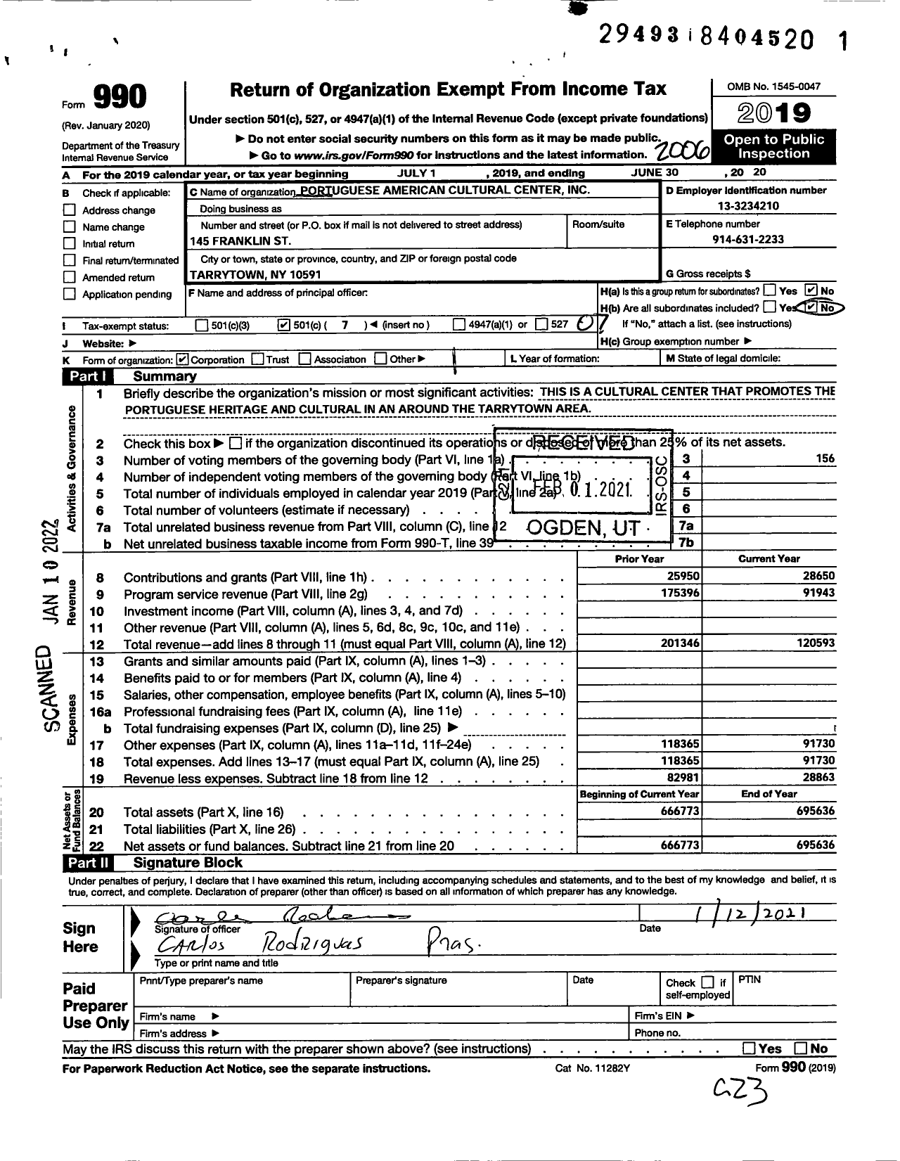 Image of first page of 2019 Form 990O for Portuguese American Cultural Center