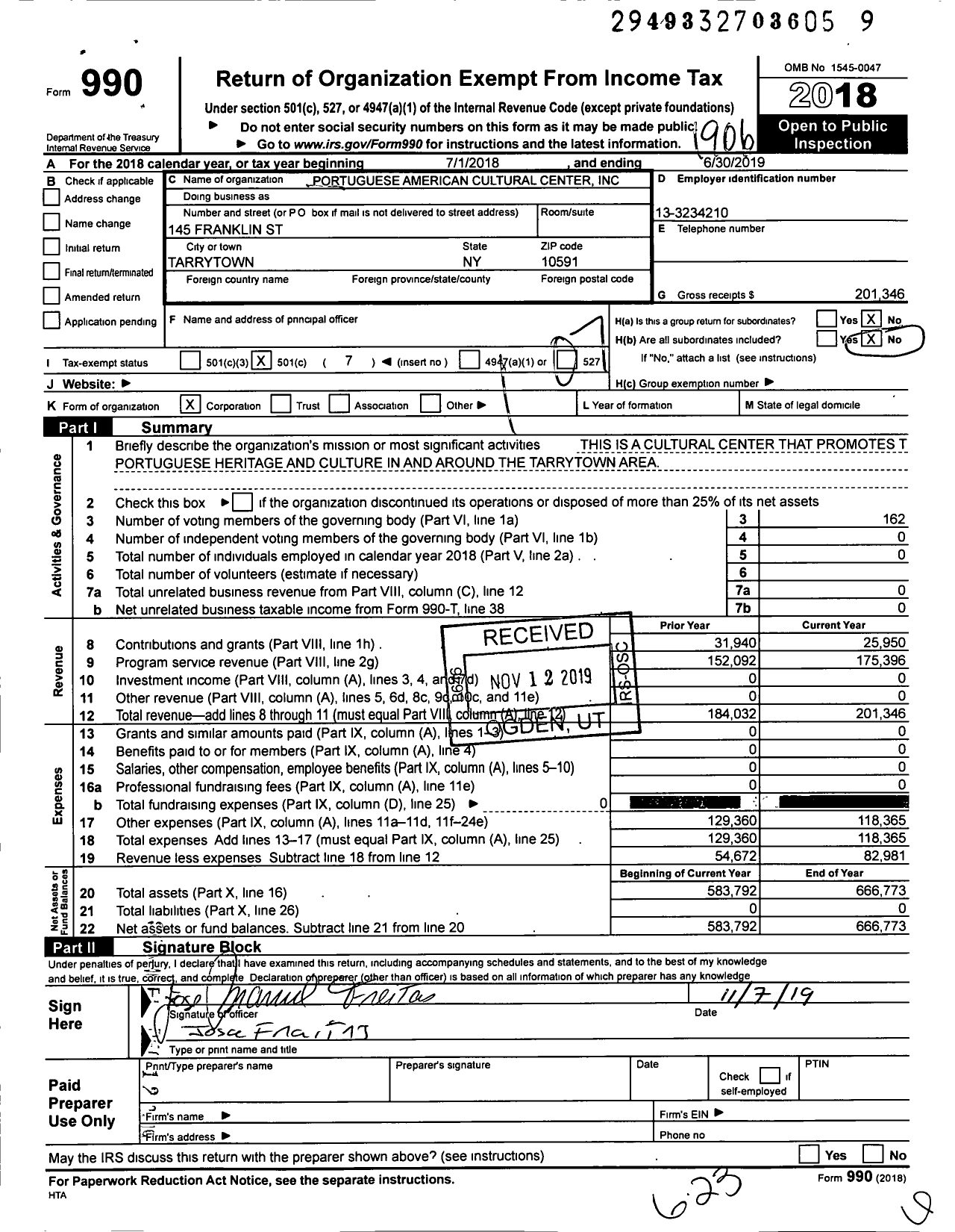 Image of first page of 2018 Form 990O for Portuguese American Cultural Center