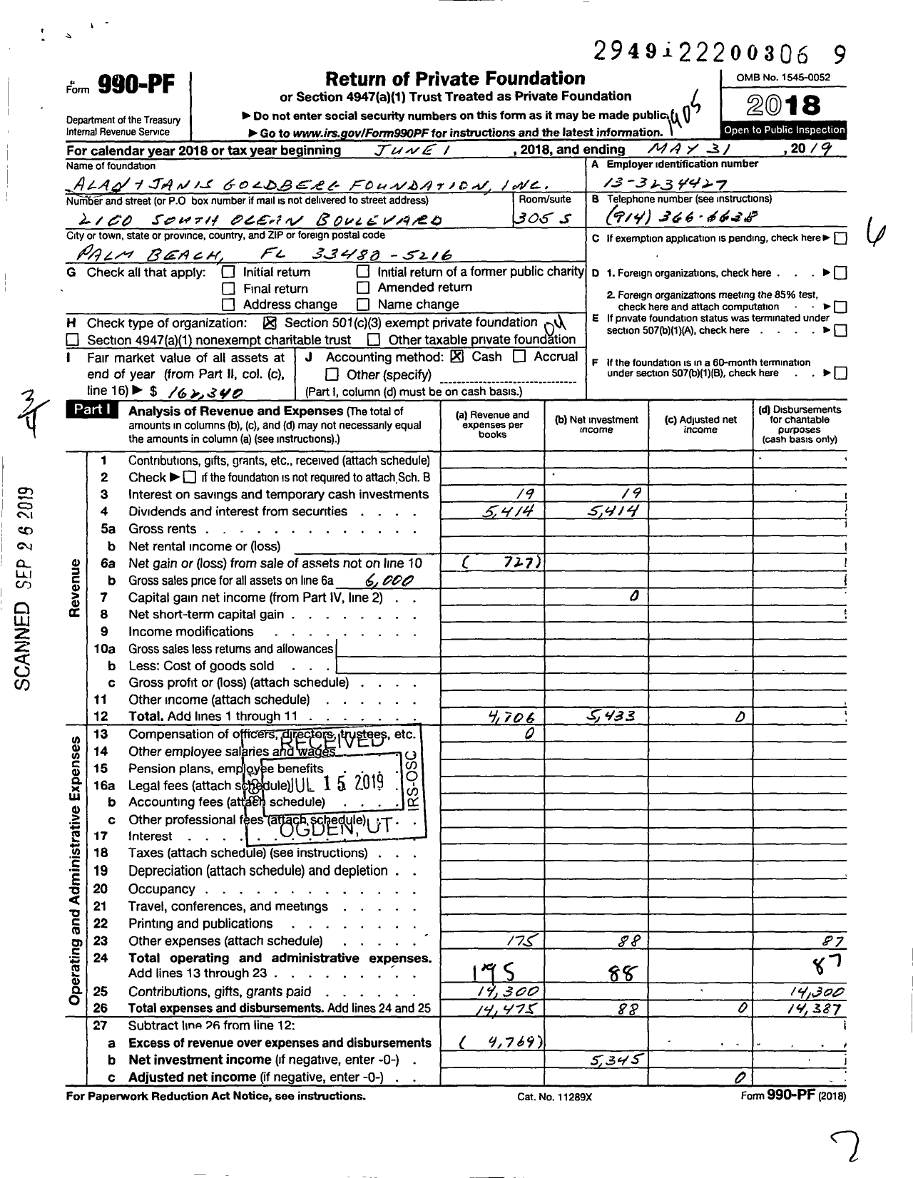 Image of first page of 2018 Form 990PF for Alan and Janis Goldberg Foundation