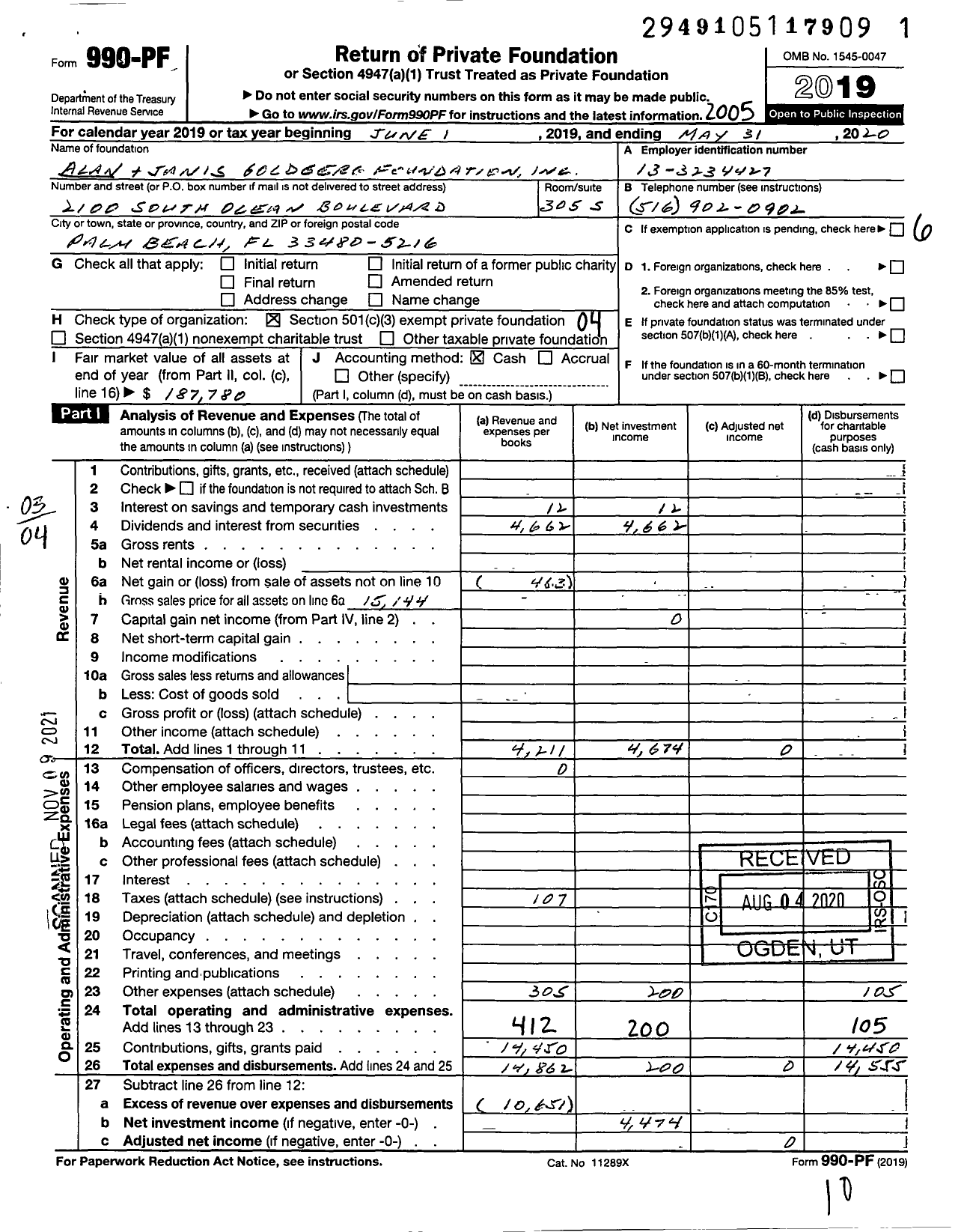 Image of first page of 2019 Form 990PF for Alan and Janis Goldberg Foundation