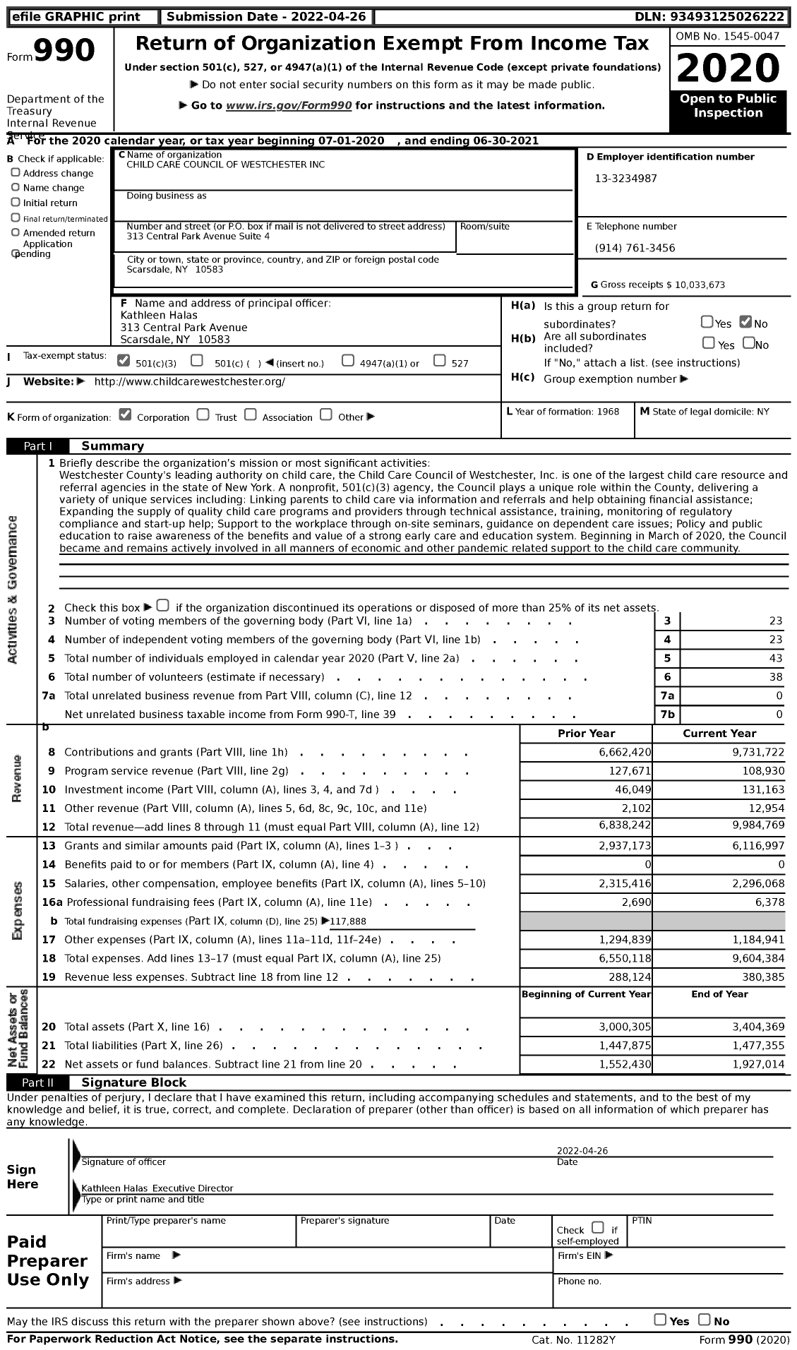 Image of first page of 2020 Form 990 for Child Care Council of Westchester