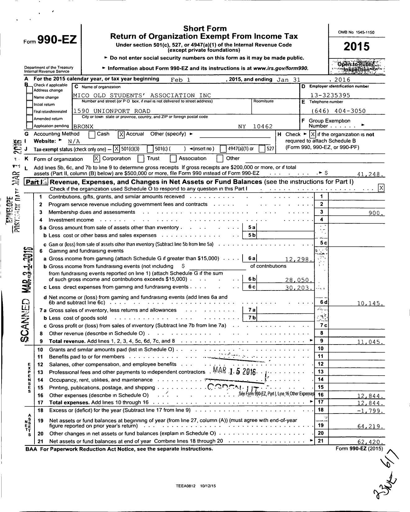 Image of first page of 2015 Form 990EZ for Mico Old Students Association