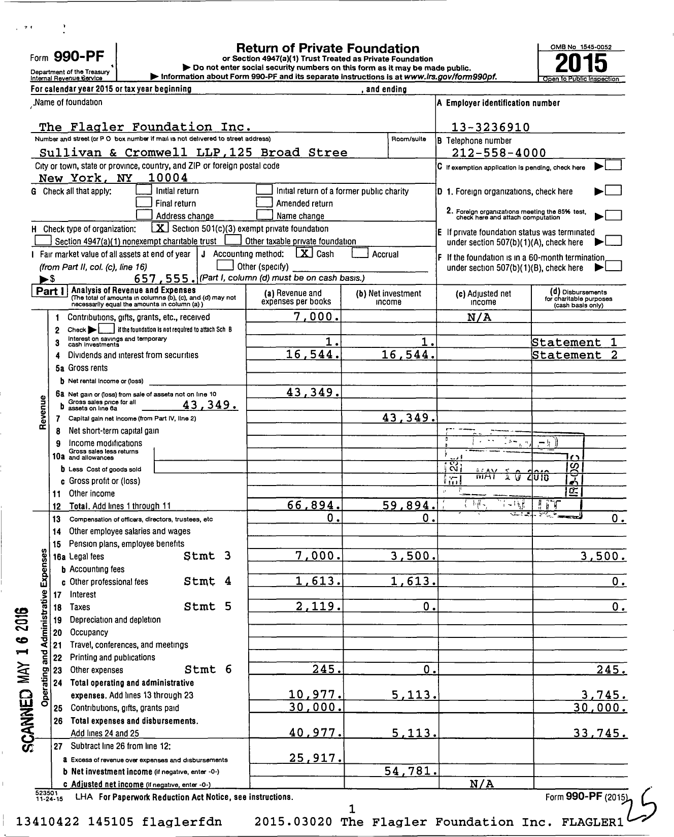 Image of first page of 2015 Form 990PF for The Flagler Foundation