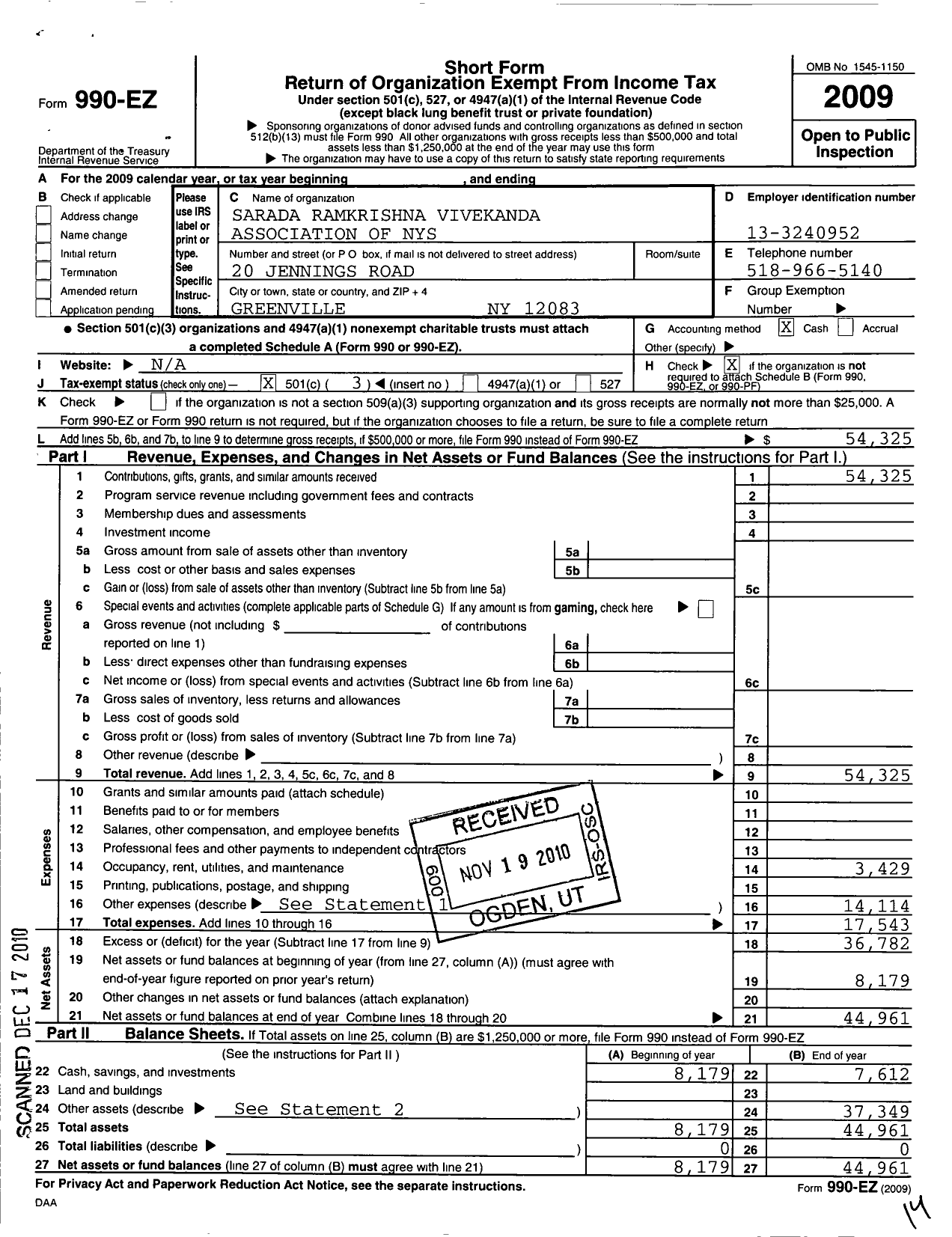 Image of first page of 2009 Form 990EZ for Sarada Ramakrishna Vivekananda Association of America