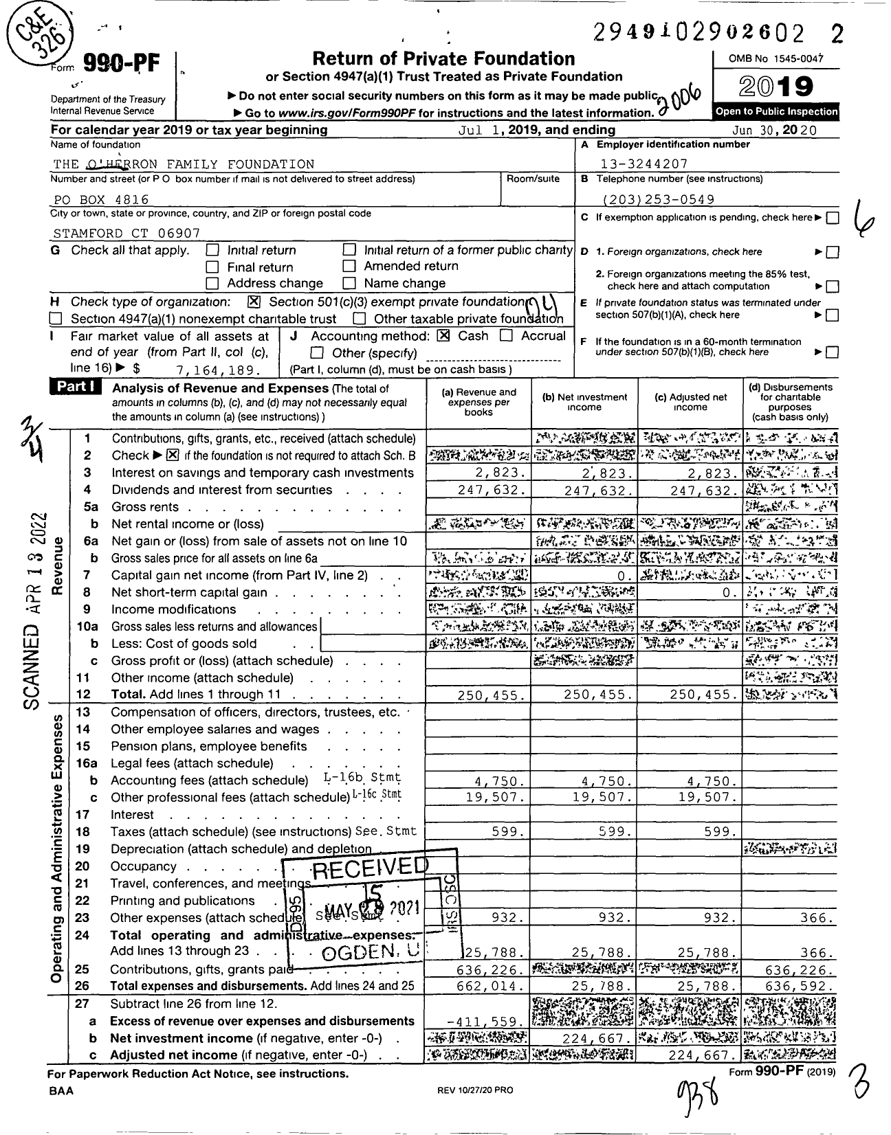 Image of first page of 2019 Form 990PF for The O'Herron Family Foundation