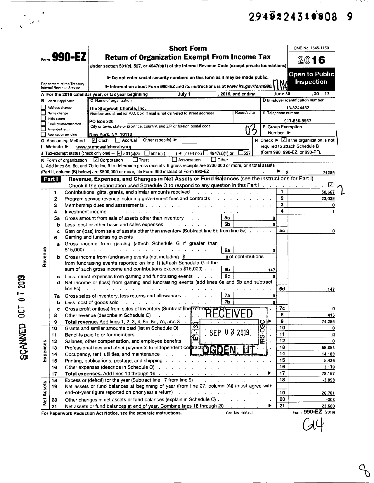 Image of first page of 2016 Form 990EZ for The Stonewall Chorale