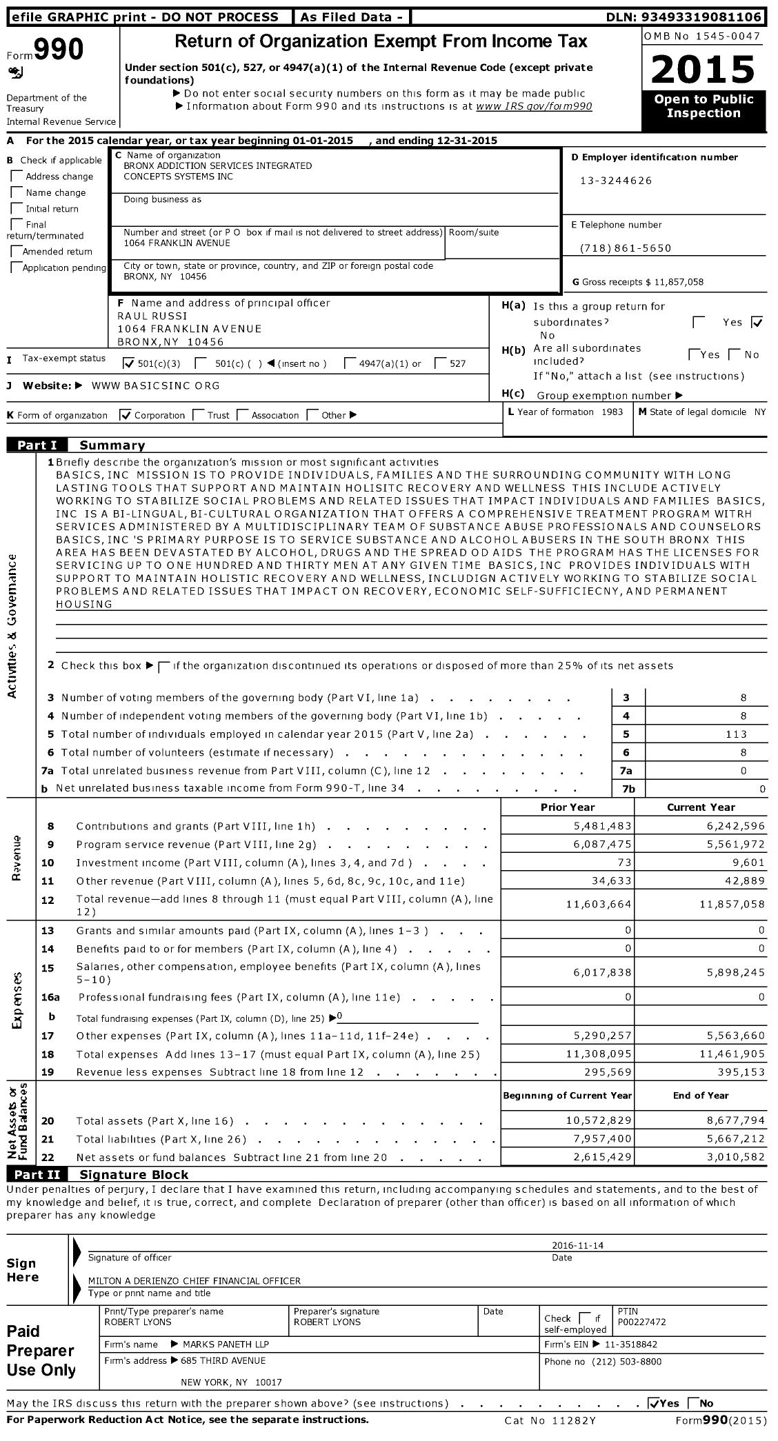 Image of first page of 2015 Form 990 for Bronx Addiction Services Integrated Concepts Systems (BASICS)