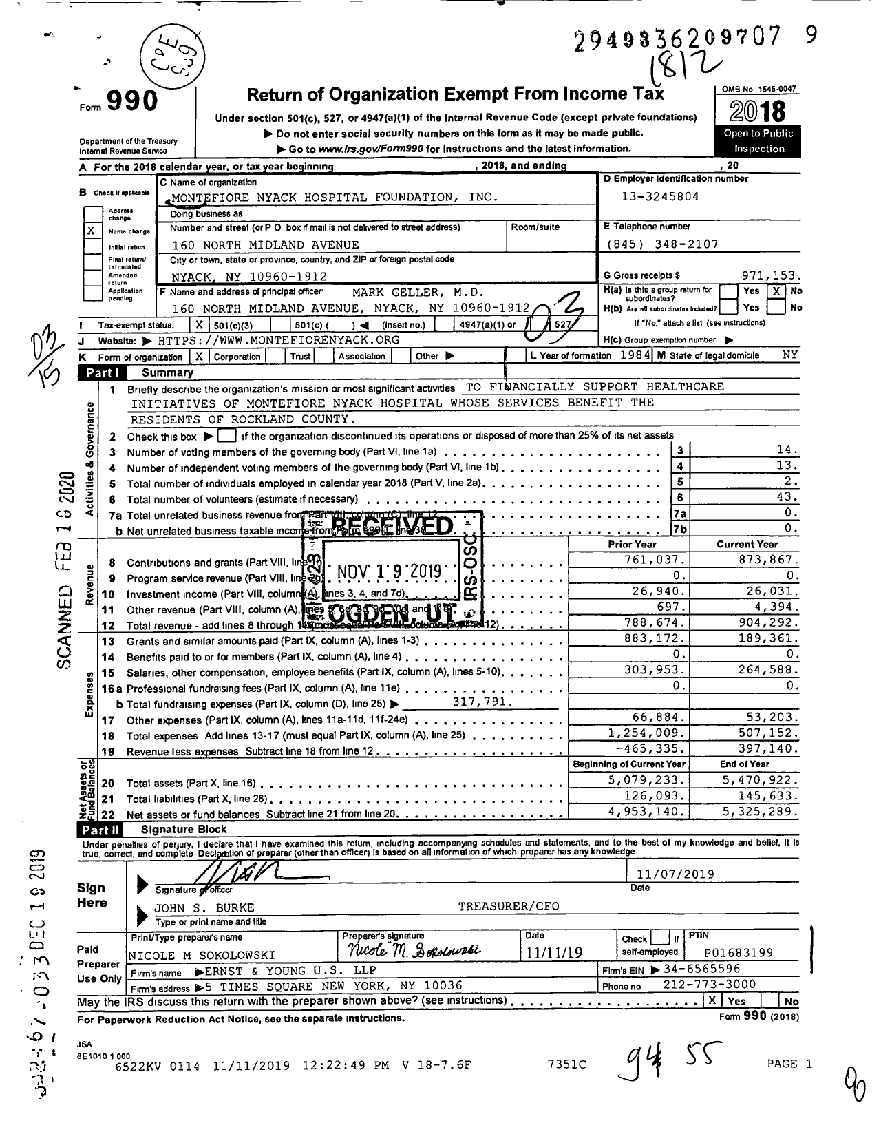 Image of first page of 2018 Form 990 for Montefiore Nyack Hospital Foundation