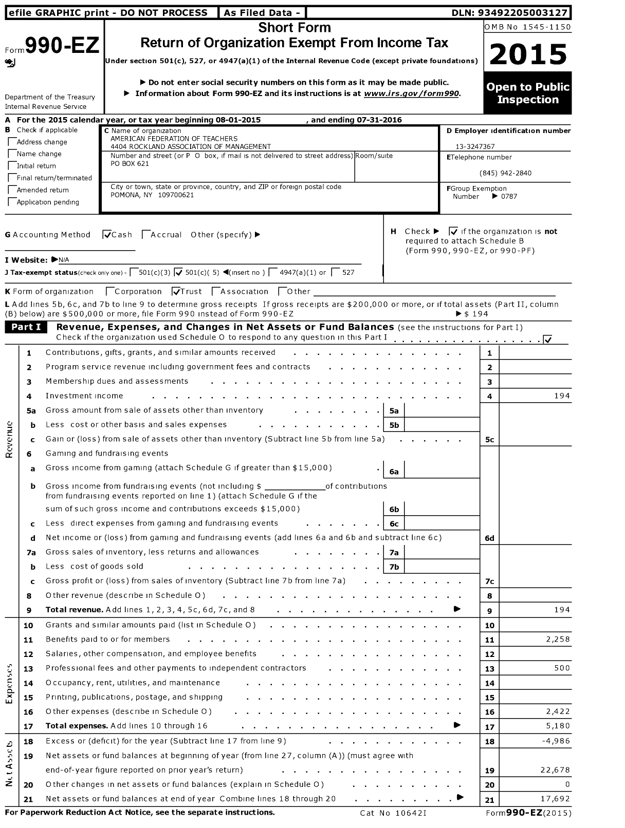 Image of first page of 2015 Form 990EO for American Federation of Teachers 4404 Rockland Association of Management