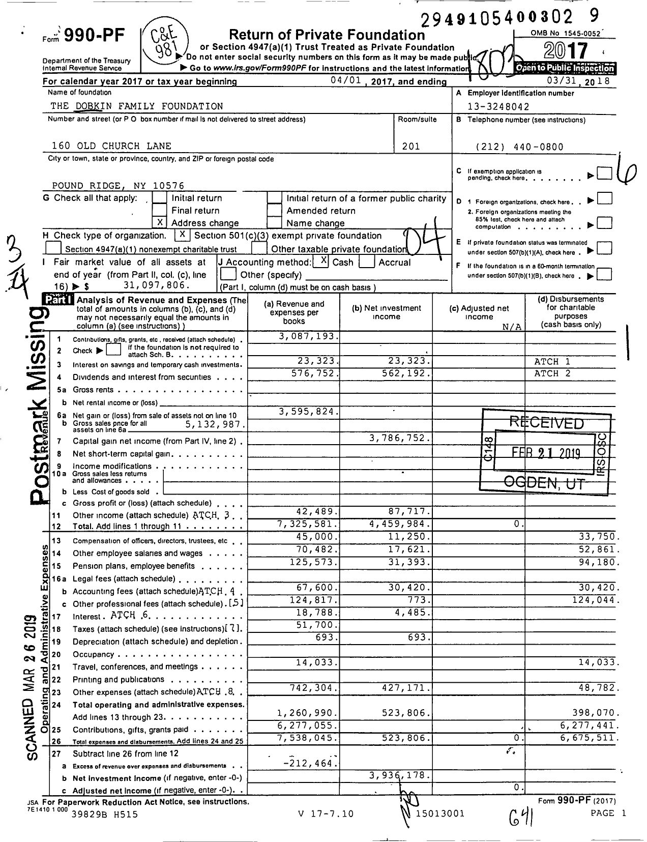 Image of first page of 2017 Form 990PF for The Dobkin Family Foundation