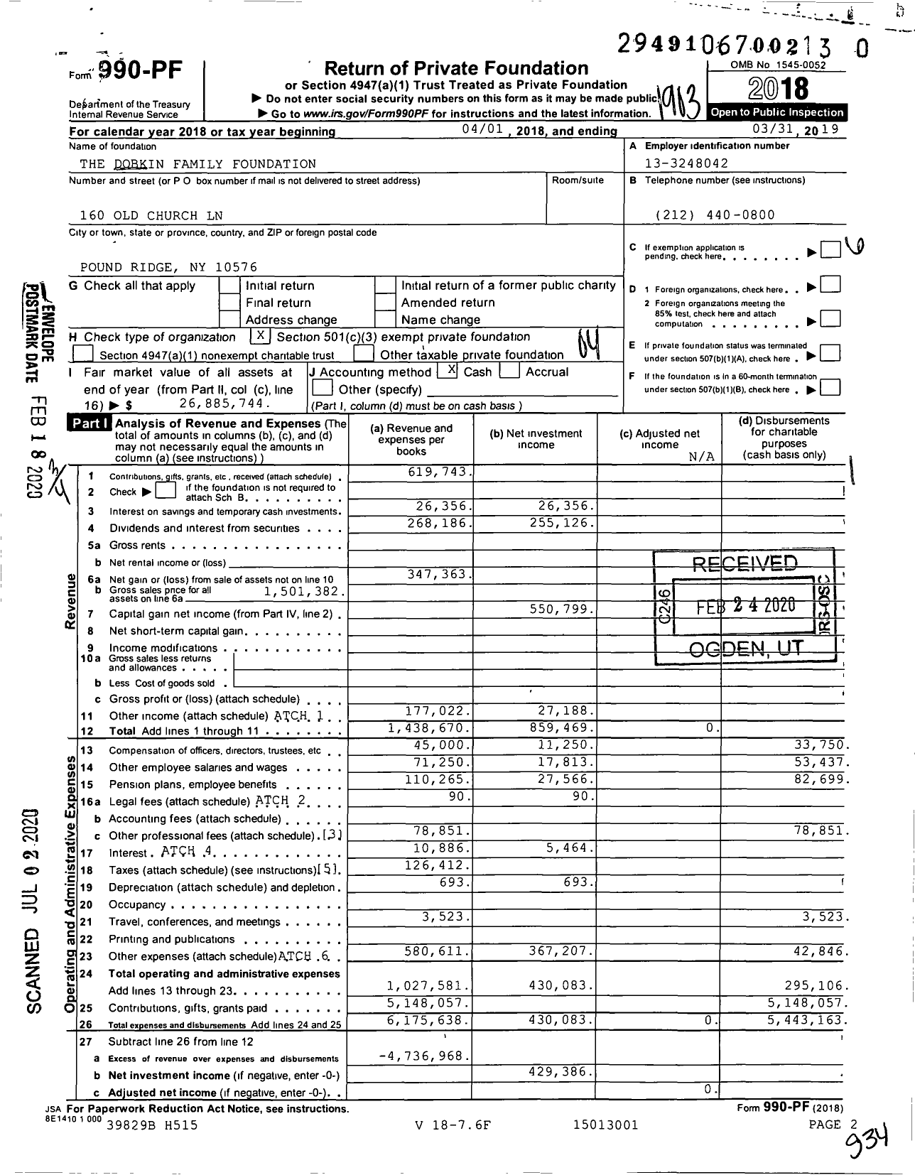 Image of first page of 2018 Form 990PR for The Dobkin Family Foundation