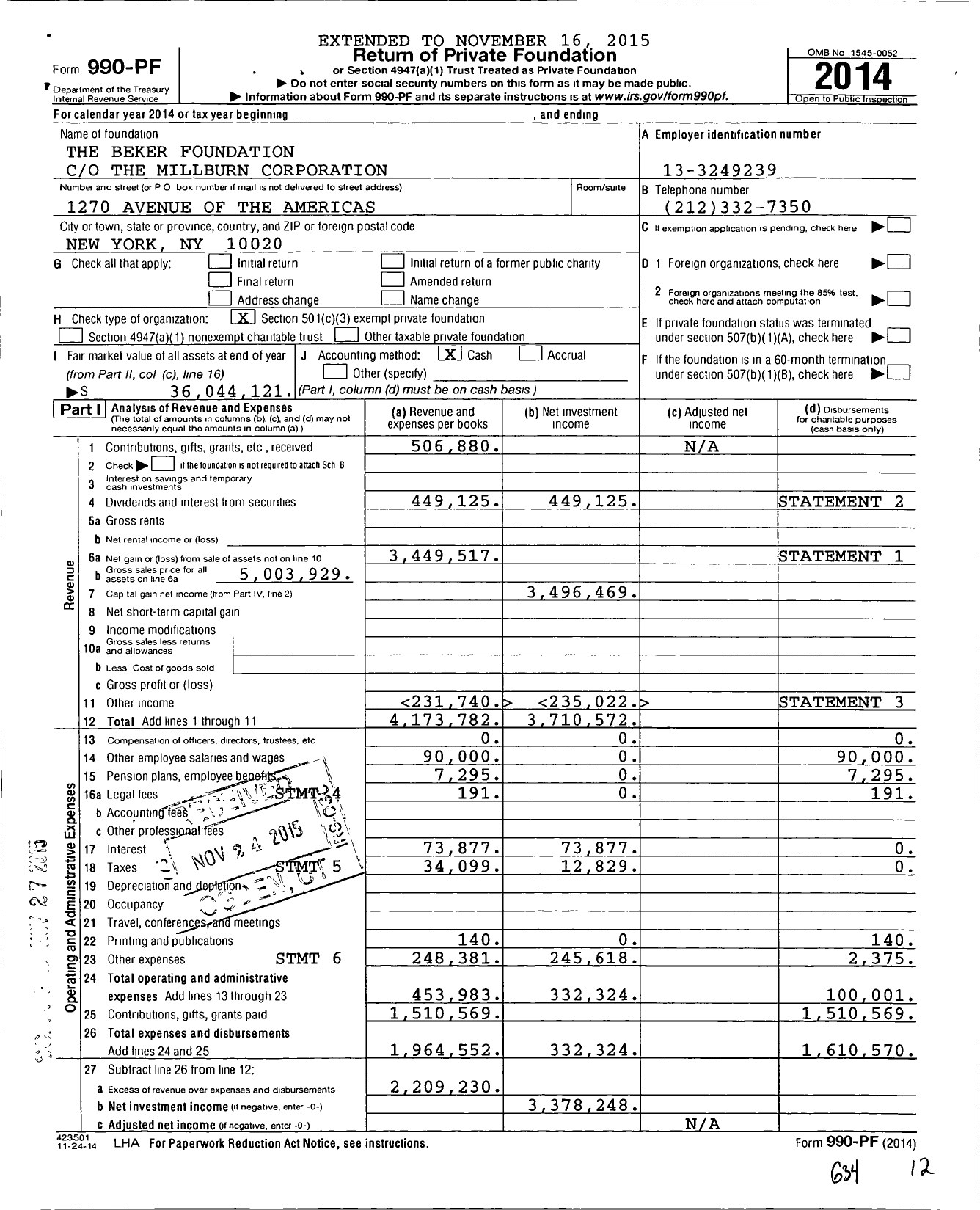 Image of first page of 2014 Form 990PF for The Beker Foundation