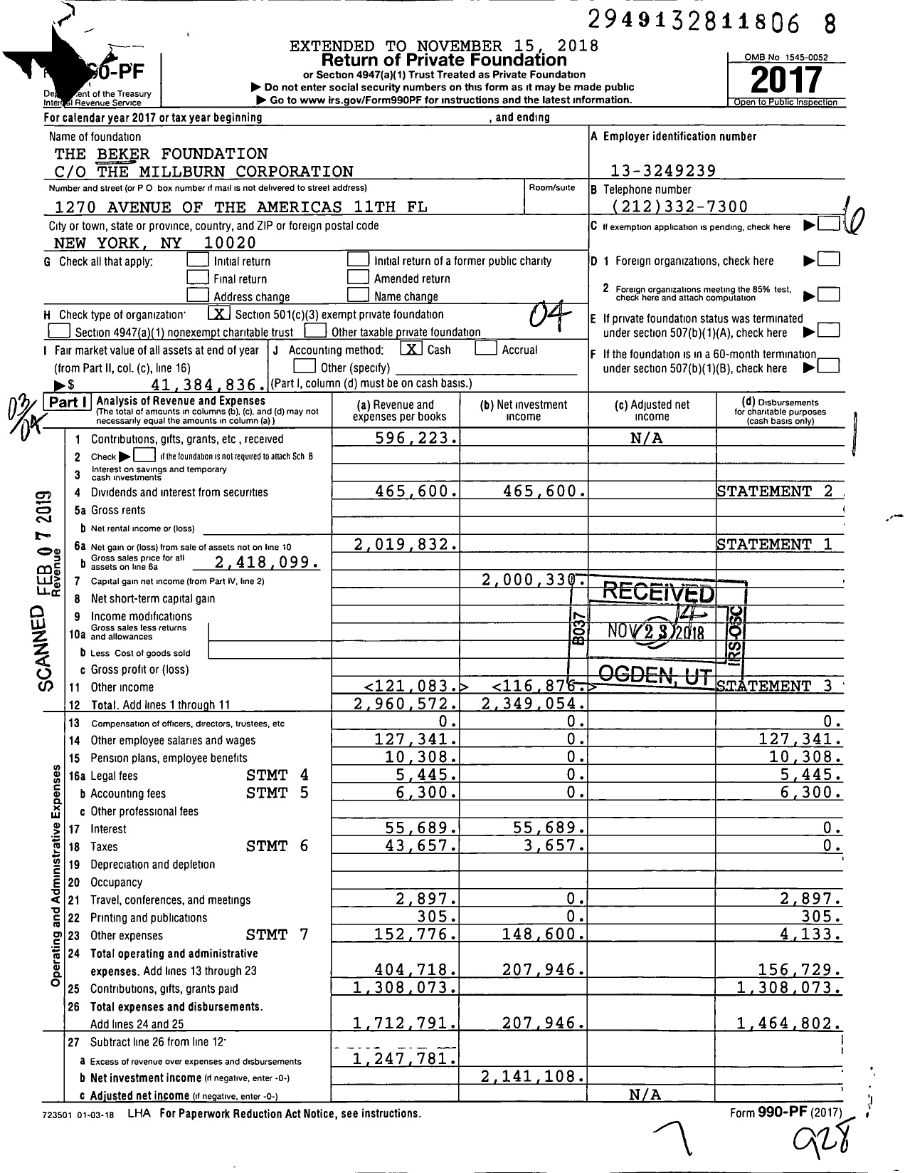 Image of first page of 2017 Form 990PF for The Beker Foundation