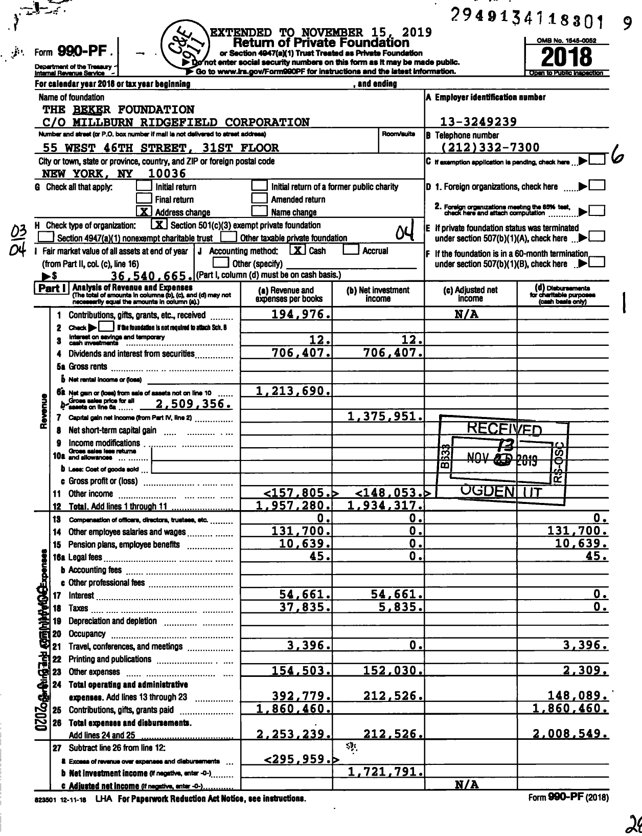 Image of first page of 2018 Form 990PF for The Beker Foundation