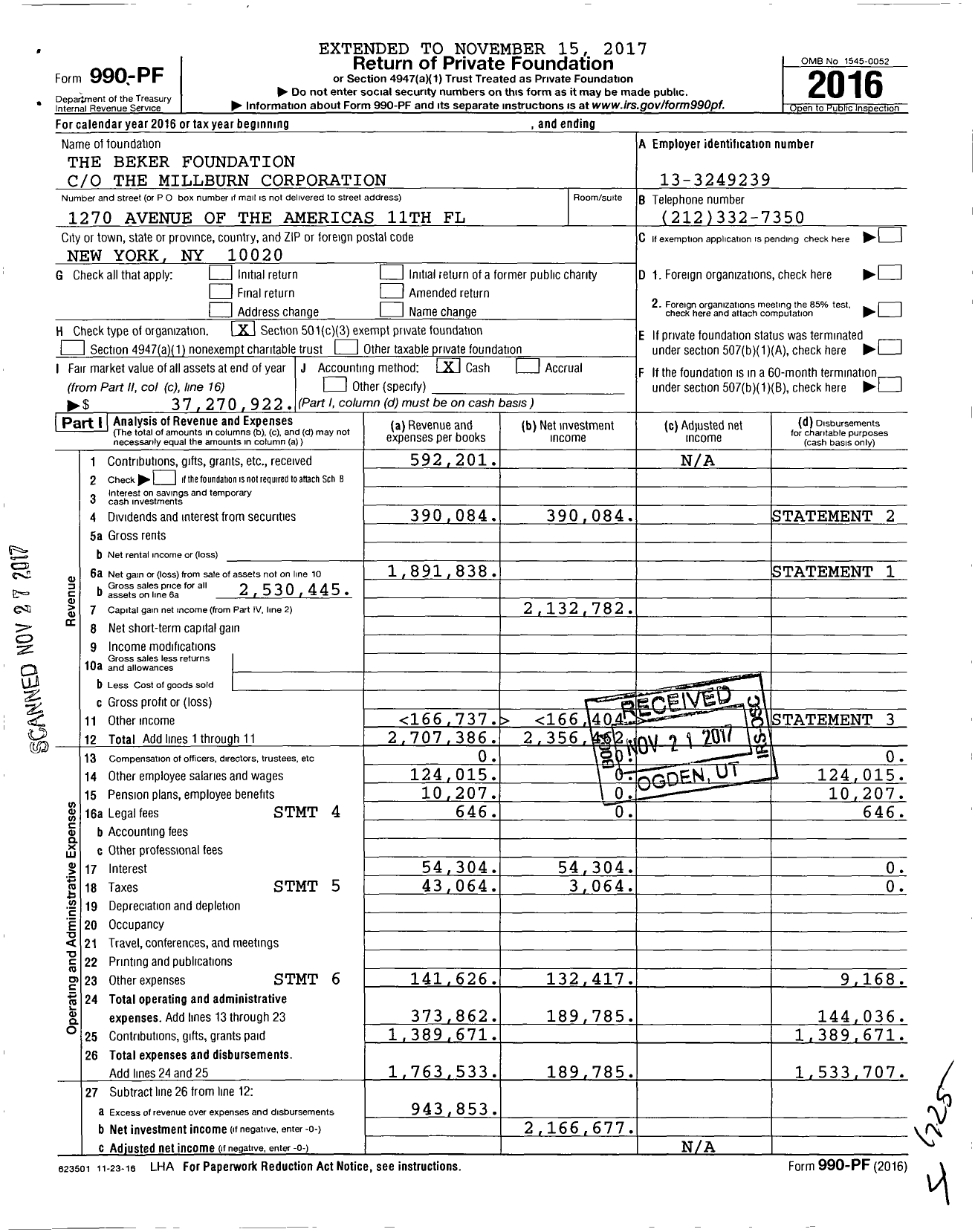Image of first page of 2016 Form 990PF for The Beker Foundation