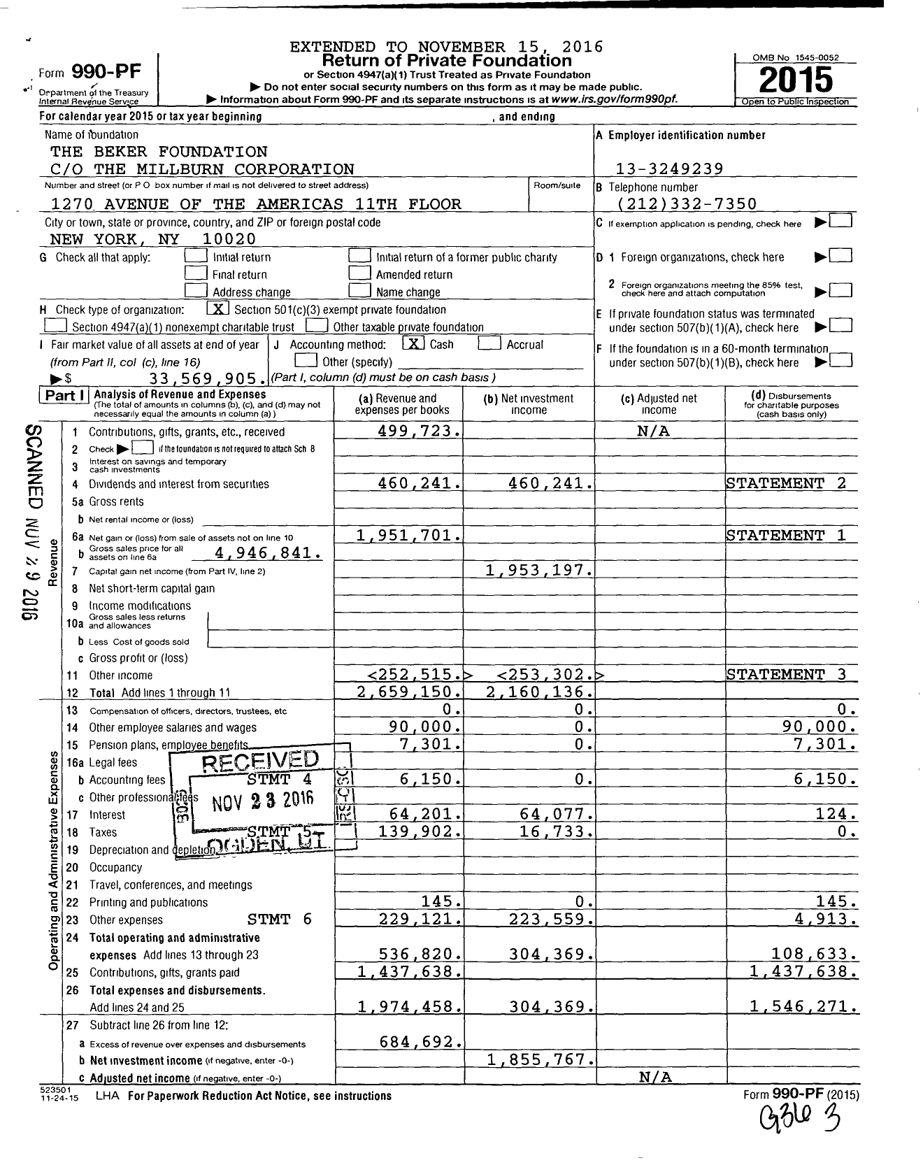 Image of first page of 2015 Form 990PF for The Beker Foundation