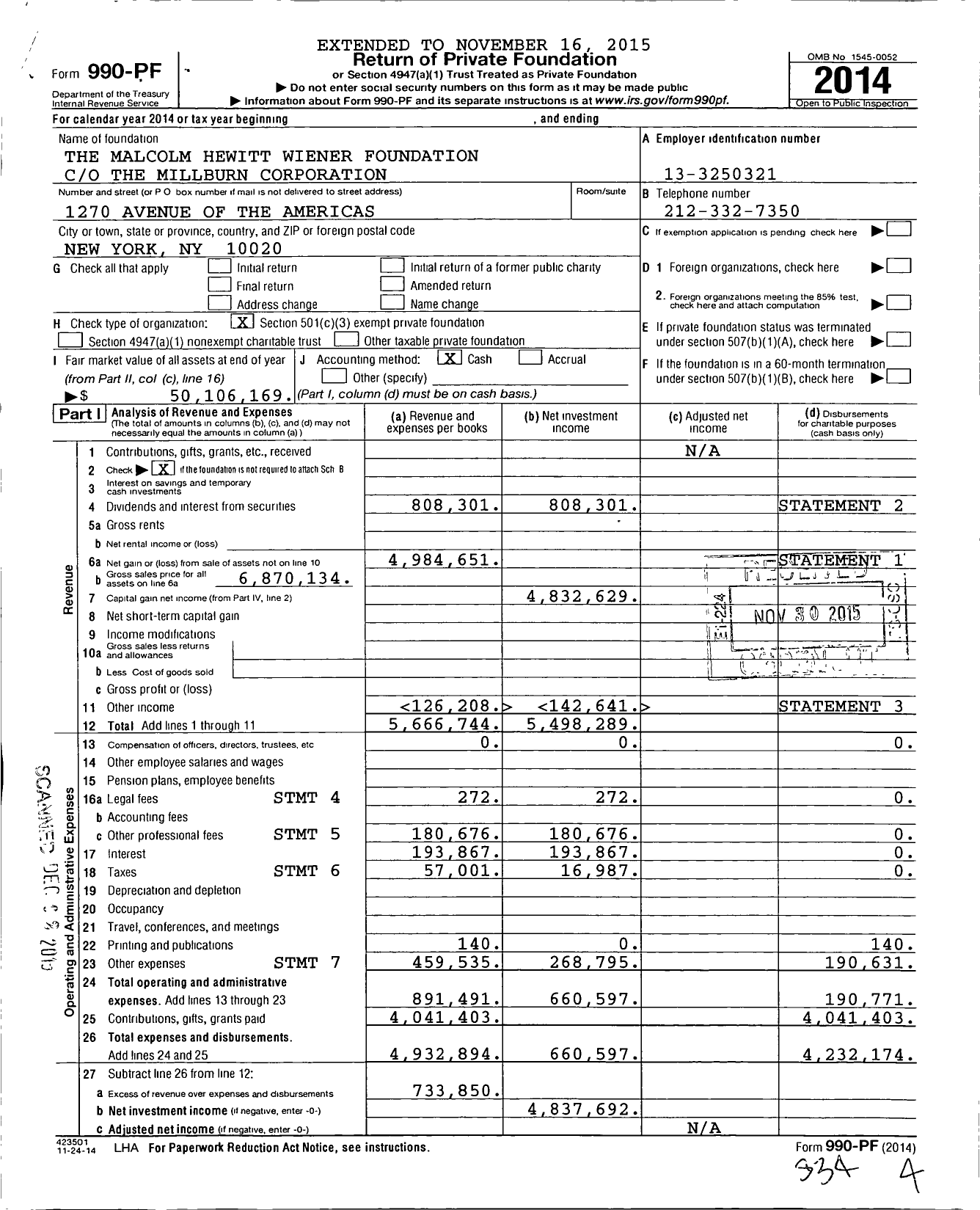 Image of first page of 2014 Form 990PF for The Malcolm Hewitt Wiener Foundation